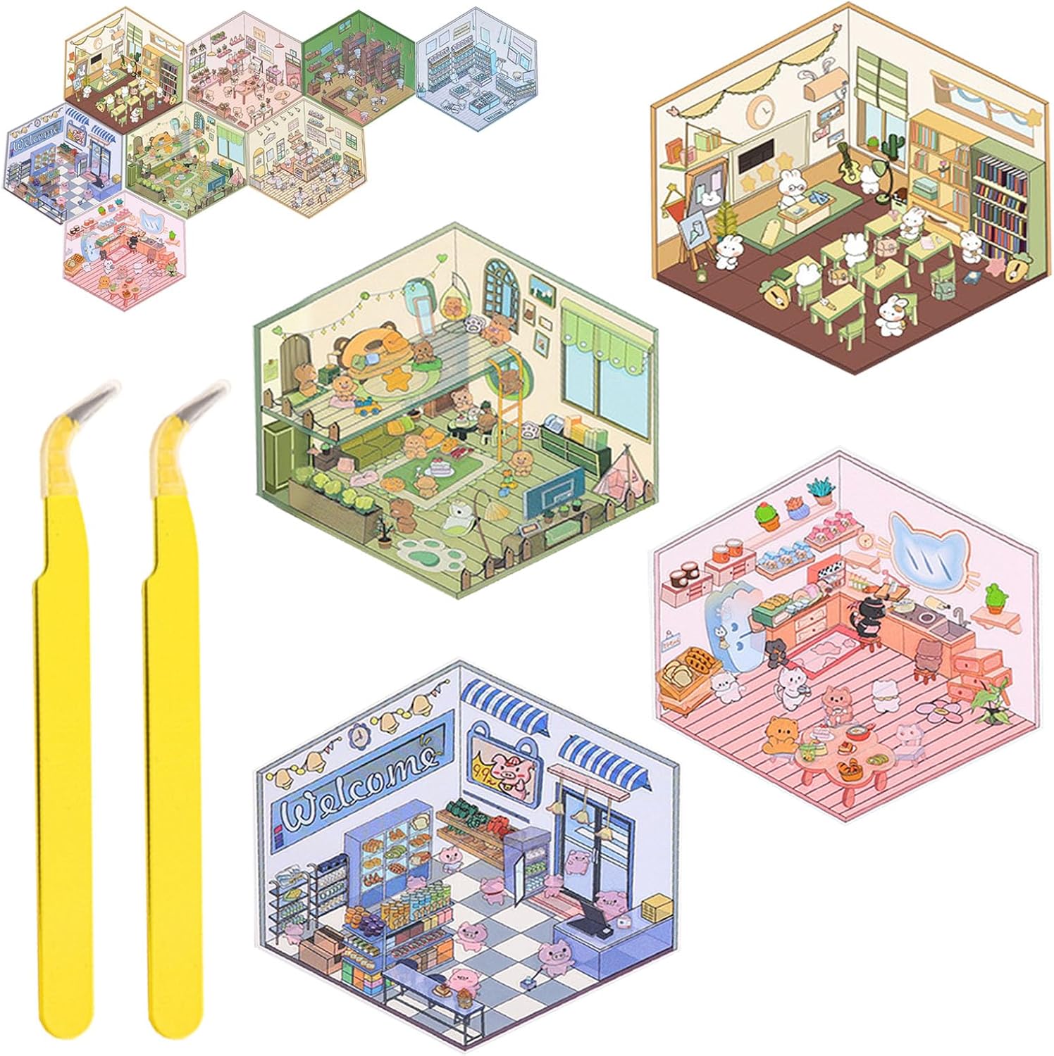 3D Sticker Scene, 6pcs DIY 3D House Stickers Set, Sticker Scenes for Adult Kids Gifts to Make Own Mini Sticker Rooms Book (Tool *2pcs)