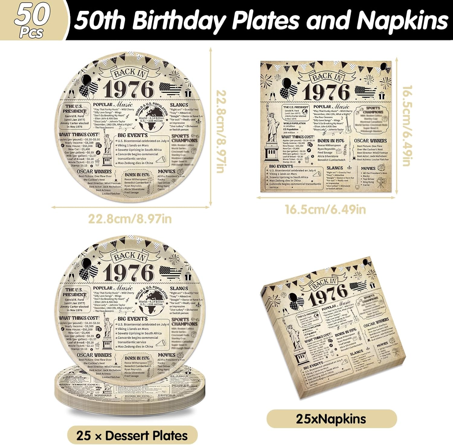 50th Birthday Plates and Napkins - 50 Pcs 50th Birthday Decorations for Men Women, 50 Years Vintage Tableware Sets 1976 Party Decor 1976 Theme Man Woman Supplies 25 Guests - Image 2