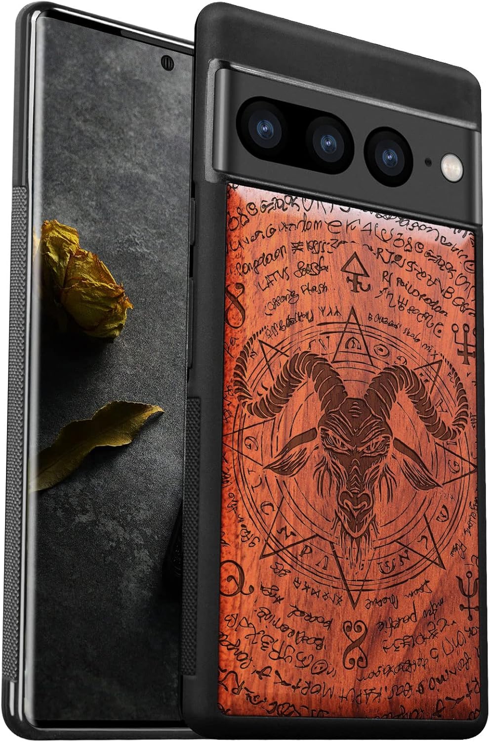 Carveit Wood Case for Pixel 7 Case [Natural Wood & Black Soft TPU] Shockproof Protective Unique Wooden Cover Compatible with Google Pixel 7 (The Devil -Baphomet-Rosy)