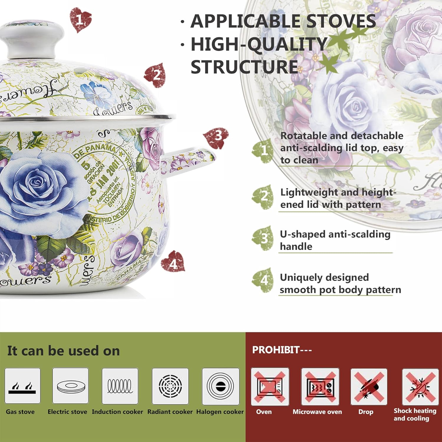 Retro Flower Enamel Stockpot with Lid,Stockpots for Cooking,Retro Classic Design(5L-Blue Rose)