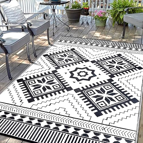 Alfombra Impermeable para Exteriores 9x12 pies, Tapete de Paja de Plástico Reversible Boho para Patio RV Terraza Porche Patio Trasero Balcón Camping