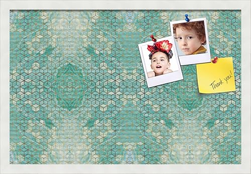 Tablón de anuncios de corcho impreso personalizado hecho de lienzo, mármol hexagonal Aqua de 24 x 16 pulgadas (tamaño completado) y enmarcado en disponible en Yaxa Peru