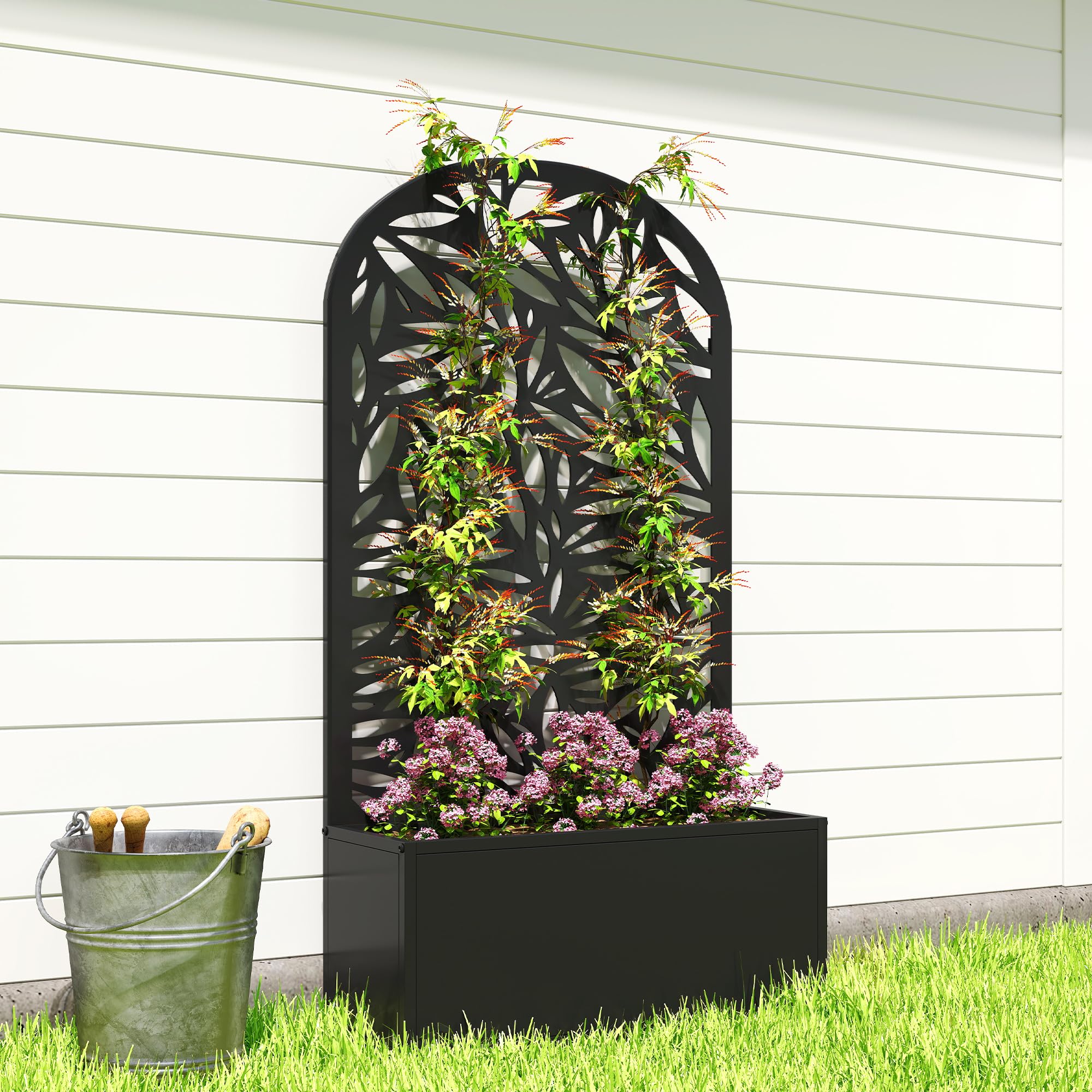 Outsunny Jardinière avec Treillis, Bac à Fleurs Métal, 61x23x113cm Noir | Lit Surélevé avec Brise-vue Découpé en Feuilles, Fixation Mur ou Sol, pour Plantes Grimpantes, Légumes, Fleurs