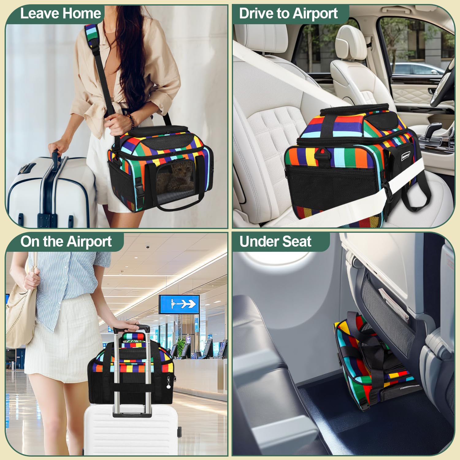 17x11x9.5 Inches Top-Expandable Pet Carrier Alaska Airline Approved, Soft Sided Carrier for Small Dog, Cat with 5-Sides Mesh Windows and Locking Safety Zippers(Rainbow) - image 7