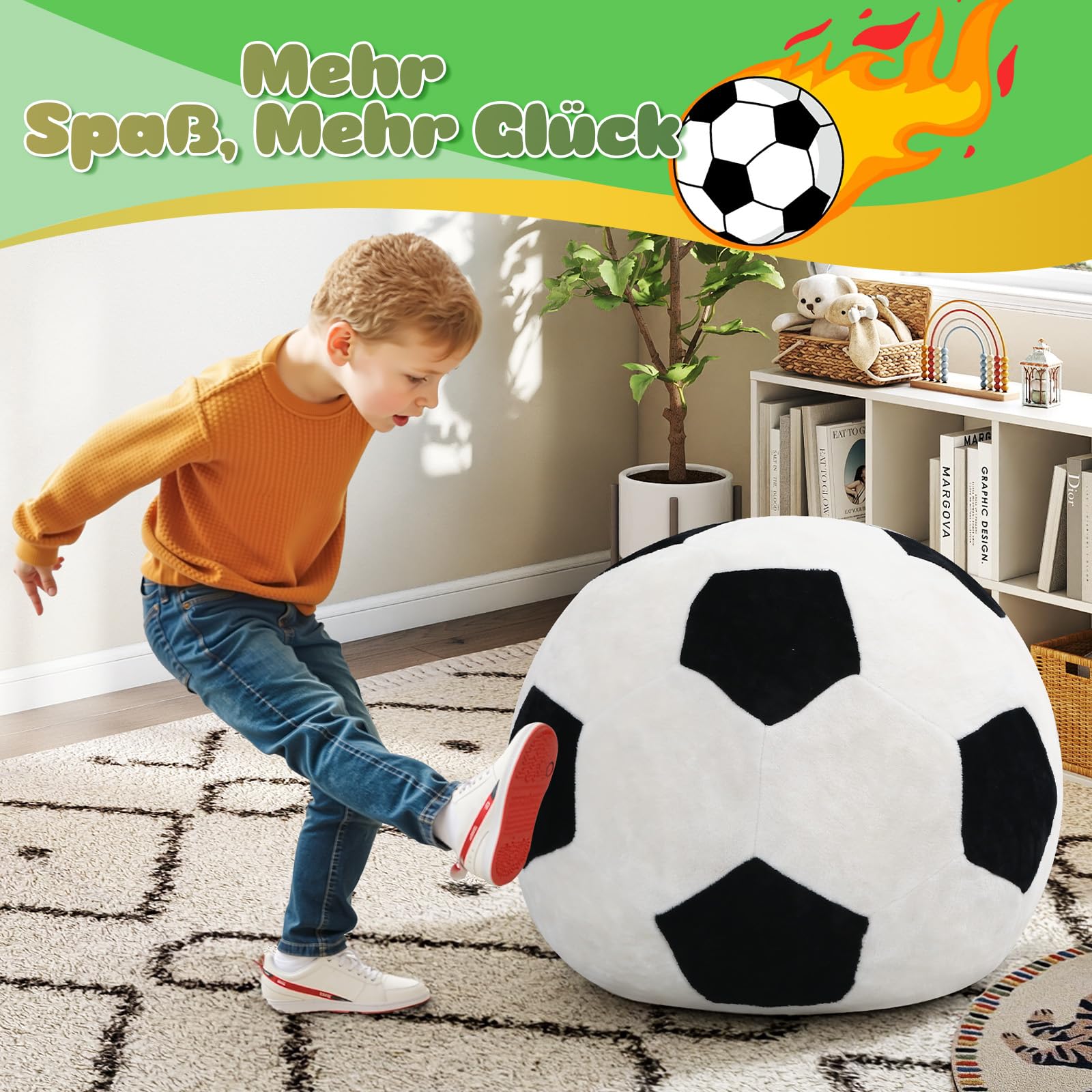 MeMoreCool Sitzsack Kinder Fußball Design – Weicher Flanell Beanbag mit Hochdichter Schaumstoff-Füllung, Gemütlicher Sessel für Jungen & Mädchen im Kuschelecke Kinderzimmer & Spielzimmer