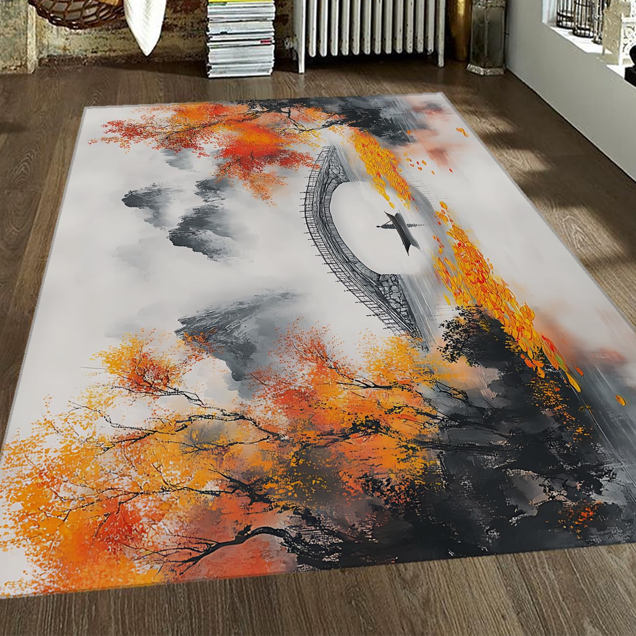 Tapis lavable 60x90cm style encre chinoise paysage d'automne pour salon
