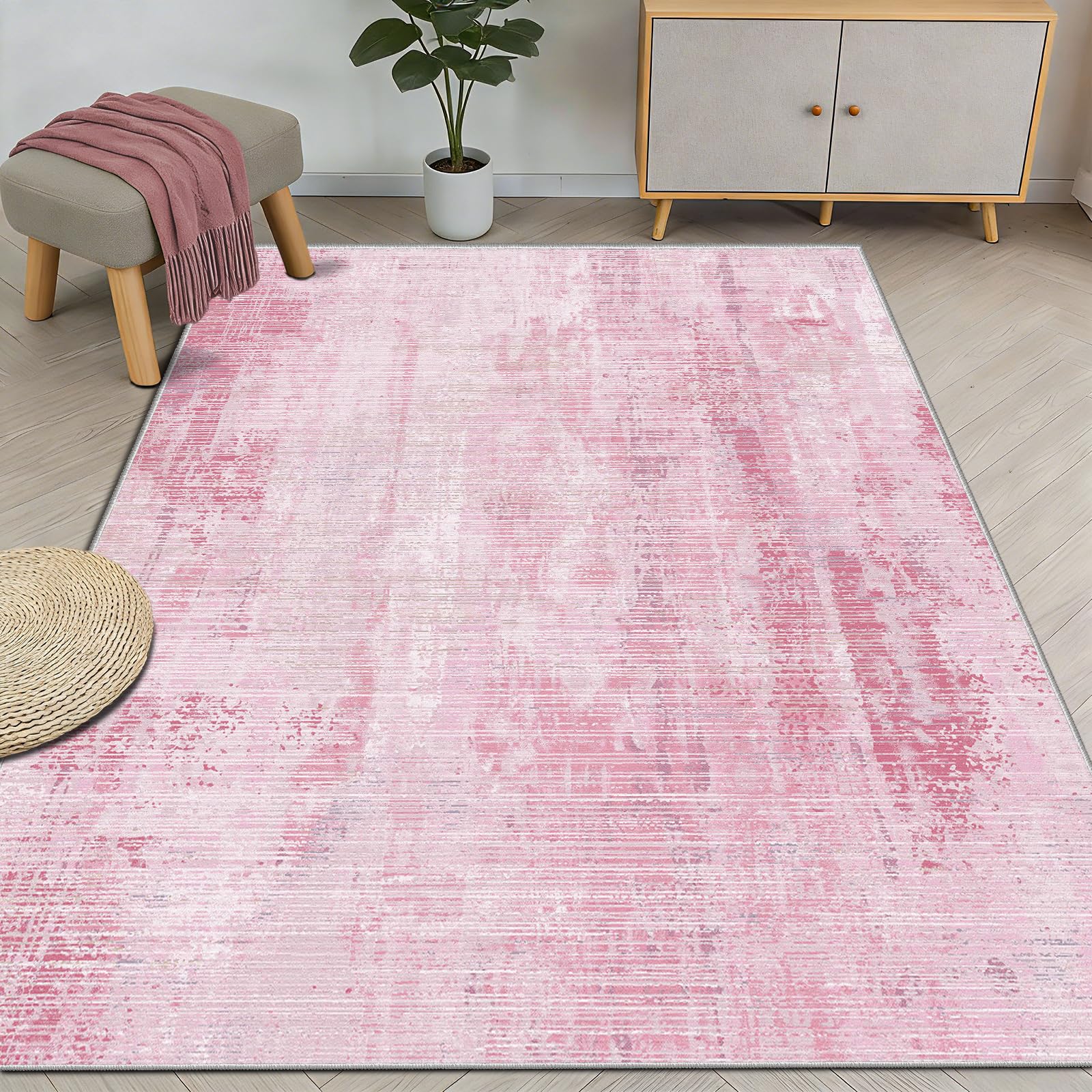 WUTONG Pink Rug 160x200cm,Machine Washable Abstract Living Room Rug,Large Soft Faux Cashmere Area Rug with Non-Slip Backing,Modern Distressed Home Decor Carpet for Bedroom,Lounge