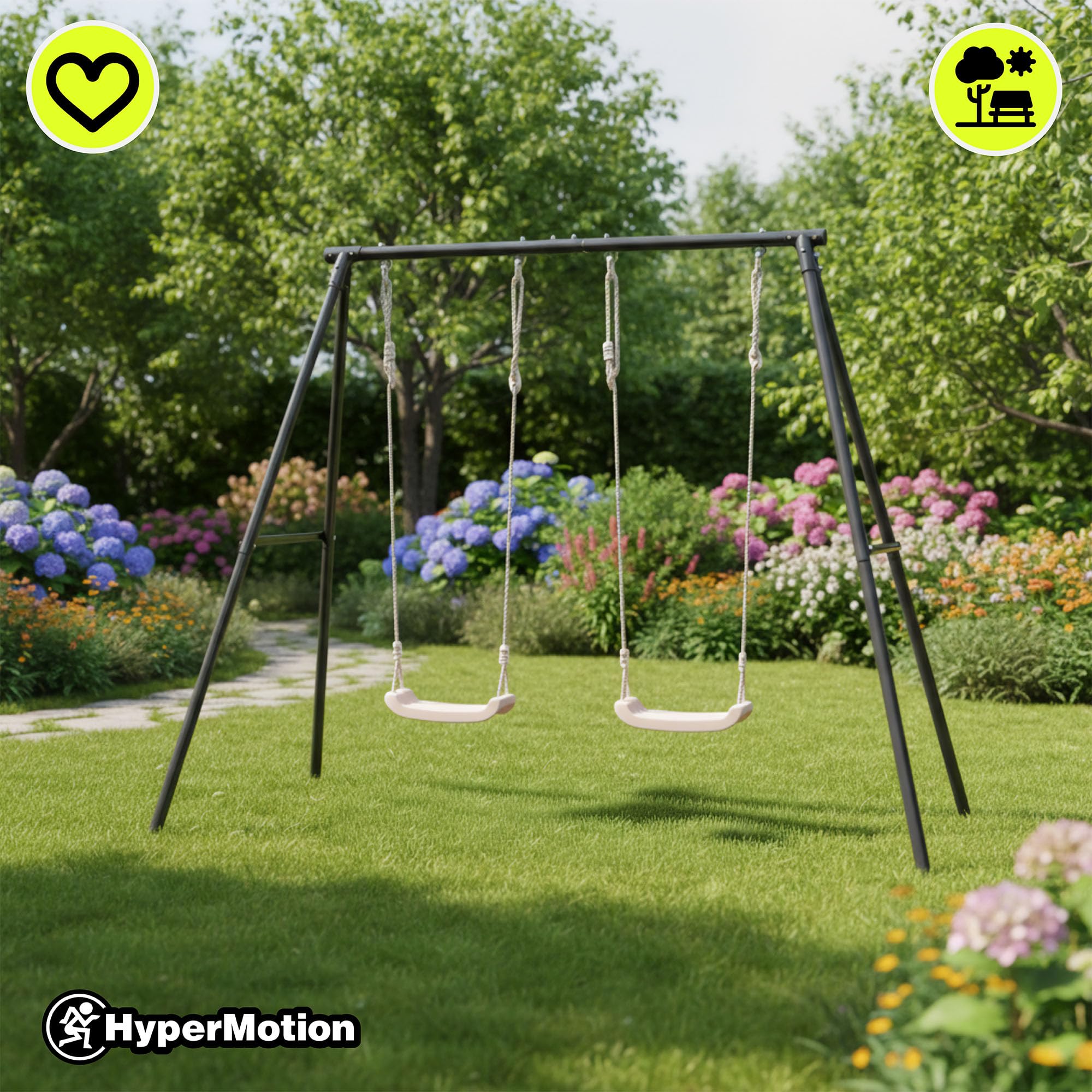 HyperMotion Doppelter Gartenschaukel für Kinder höhenverstellbar zwei Sitze stabile Stahlkonstruktion Bodenhülse beige für den Garten