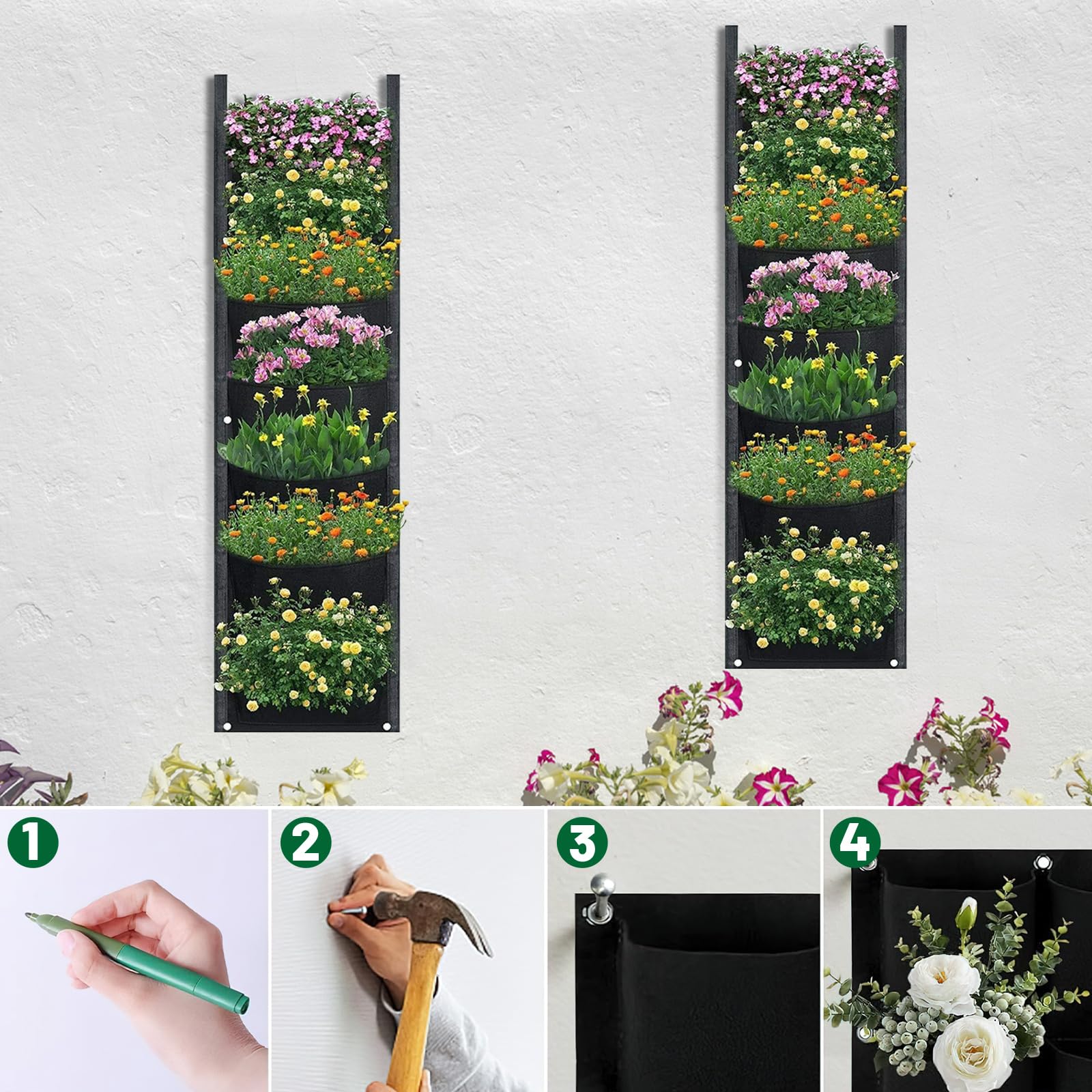 ACTOYS Wiszące torby na rośliny, 2 szt., 7 kieszeni na rośliny, do użytku na zewnątrz, wiszące, pionowe, 99 x 28 cm, na balkon, na zewnątrz, do ogrodu, na podwórko, do biura, dekoracja domu