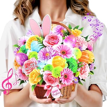 Easter Card, Happy Easter Egg Cards Light and Music, 10Inch Life Sized Forever Daisy Bouquet, 3D Popup Easter Greeting Card for Daughter, Adults, Wife, Husband, SisterBlank Notecard & Envelope