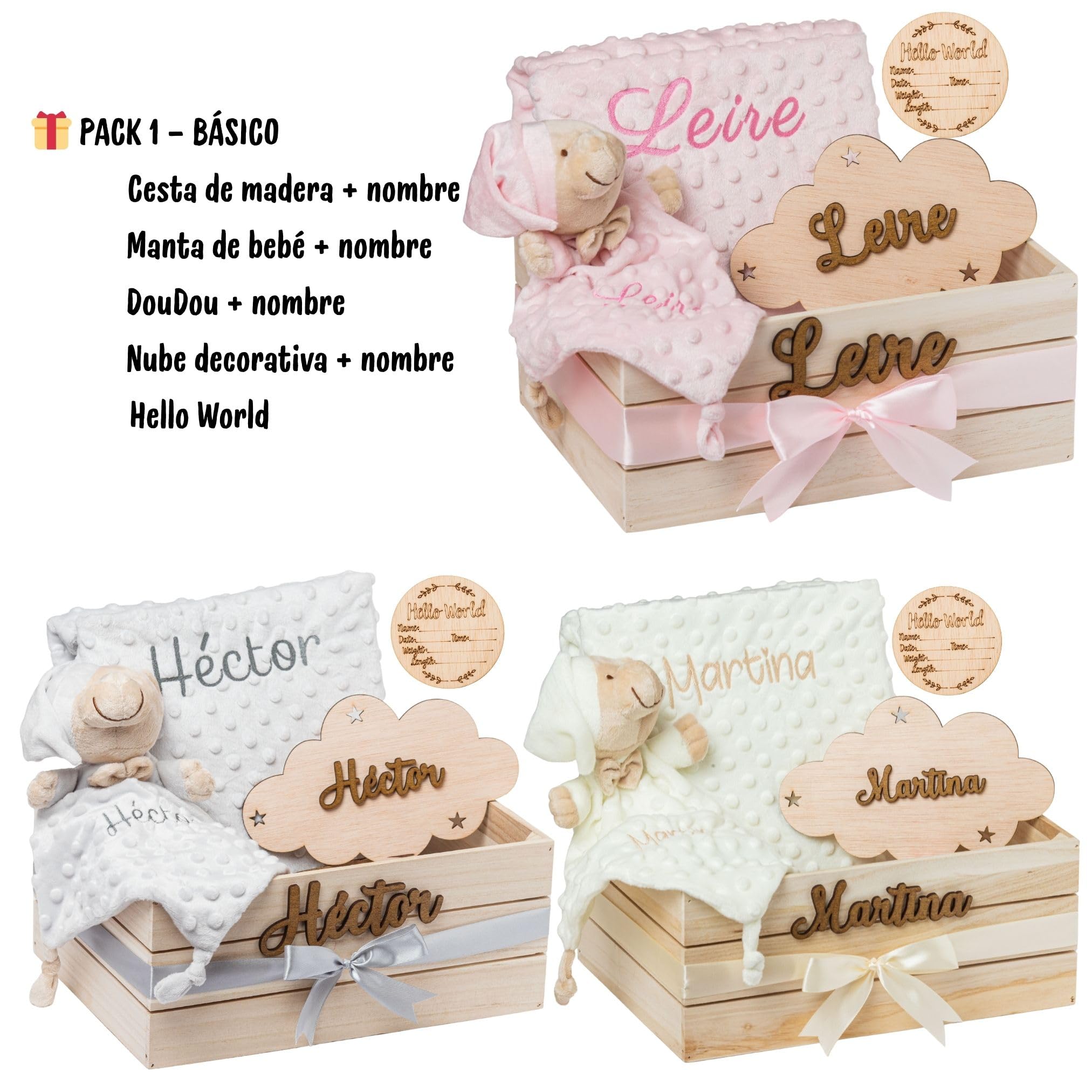 Regalo para Bebé Recién Nacido Niño o Niña | Cesta con Manta, DouDou, Capa de Baño, Nube Decorativa y Marco|Canastilla Embarazo,Bautizo,Hospital y Baby Shower | Nombre en Madera | Olesea (Gris)