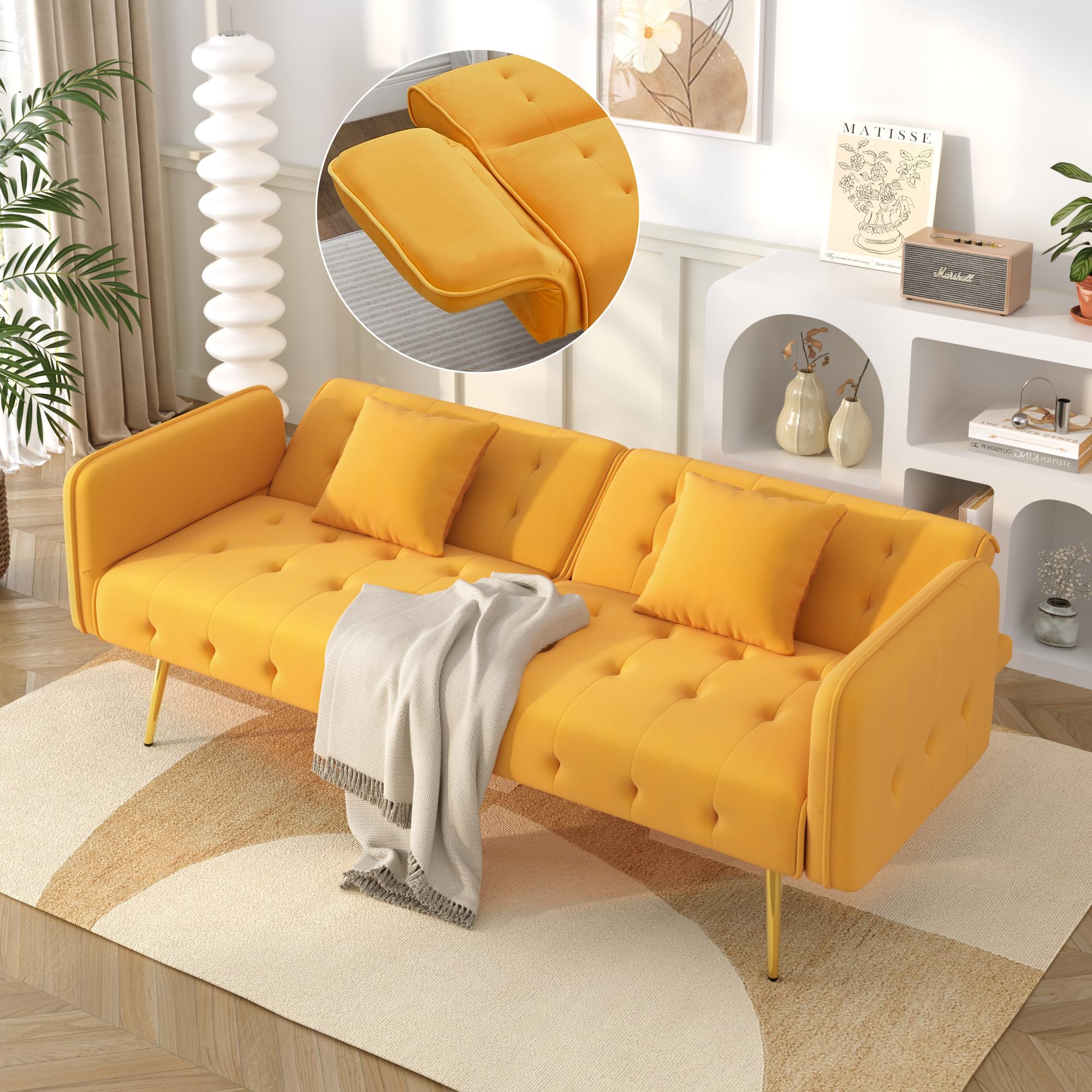 Divano letto a due posti multifunzione con funzione letto, schienale regolabile + braccioli a più cifre, moderno divano pieghevole per soggiorno, rivestimento in velluto, ampia zona notte