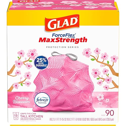 Glad ForceFlex MaxStrength Tall Kitchen Trash Bags, 13 Gal, Cherry Blossom, 90 Ct, Pack May Vary