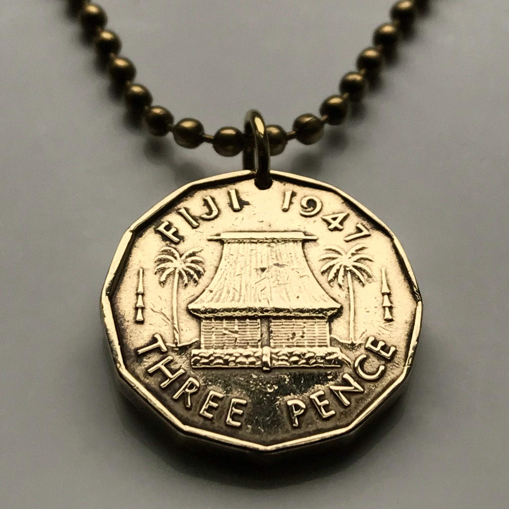 1952 Fiji 3 Pence coin pendant necklace jewelry Hut palm trees Nadi Suva Coral Coast South Pacific island Polynesian scuba diving UK British n000437