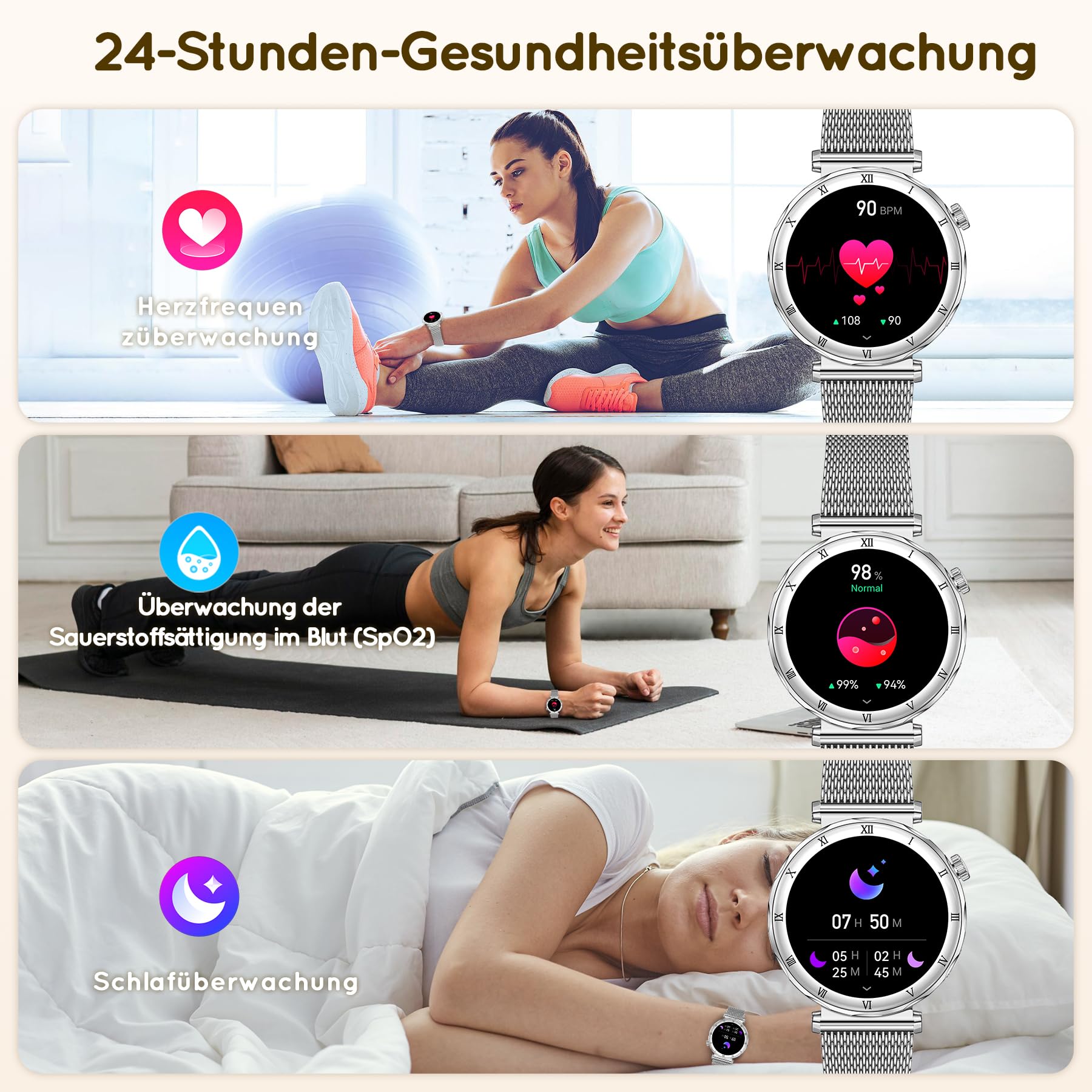 Smartwatch Damen Rund, AMOLED 1,19" Kleine Fitnessuhr mit Telefonfunktion, Schrittzähler, Herzfrequenz SpO2 Schlafmonitoring, 120+ Sportuhr, IP68-Wasserdicht für iOS Android, Silber/Zarte Geschenk