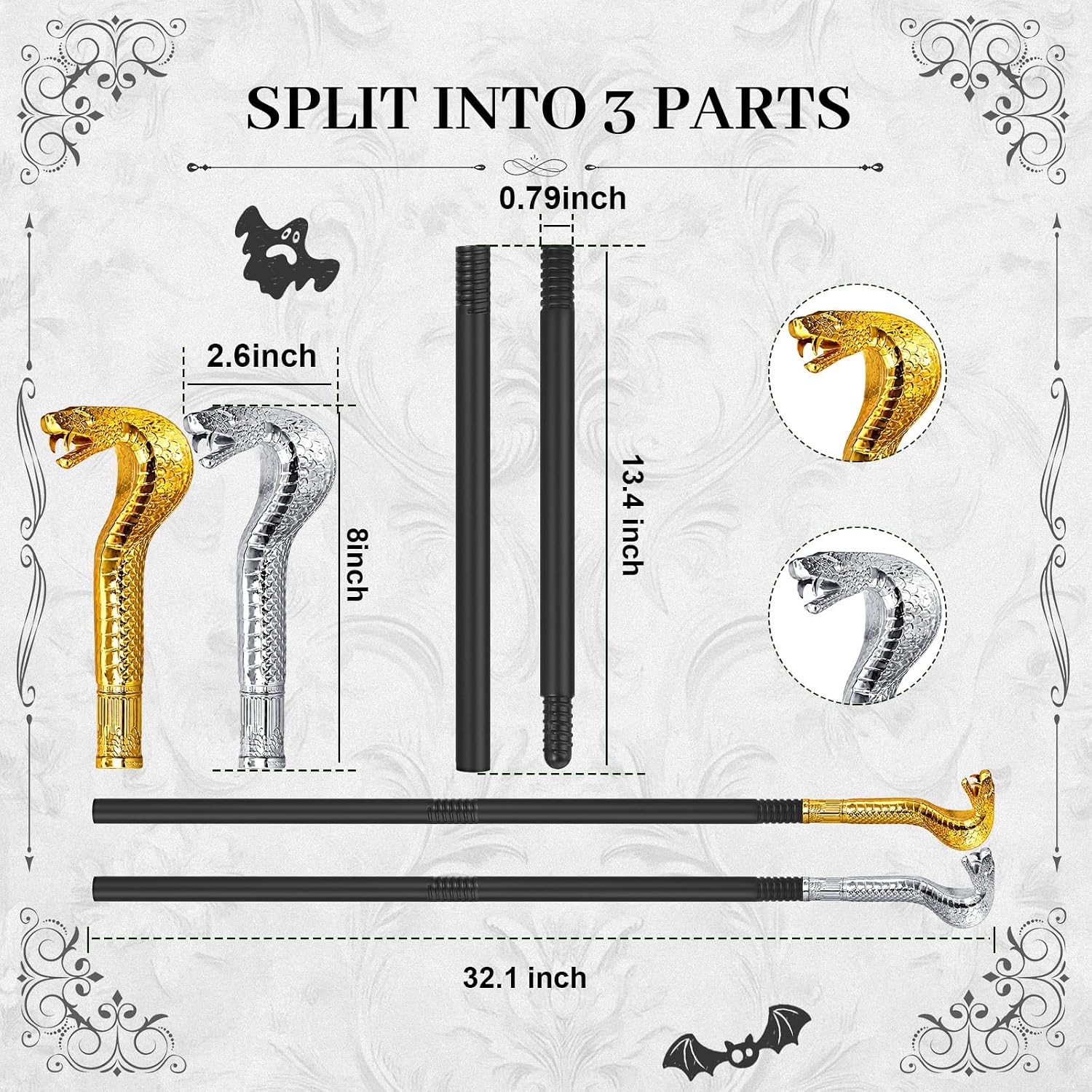 Hiboom 2 Pcs Pimp Cane Gold and Silver Walking Canes Vintage Staff Prop Stick Costume Accessories for Party Cosplay