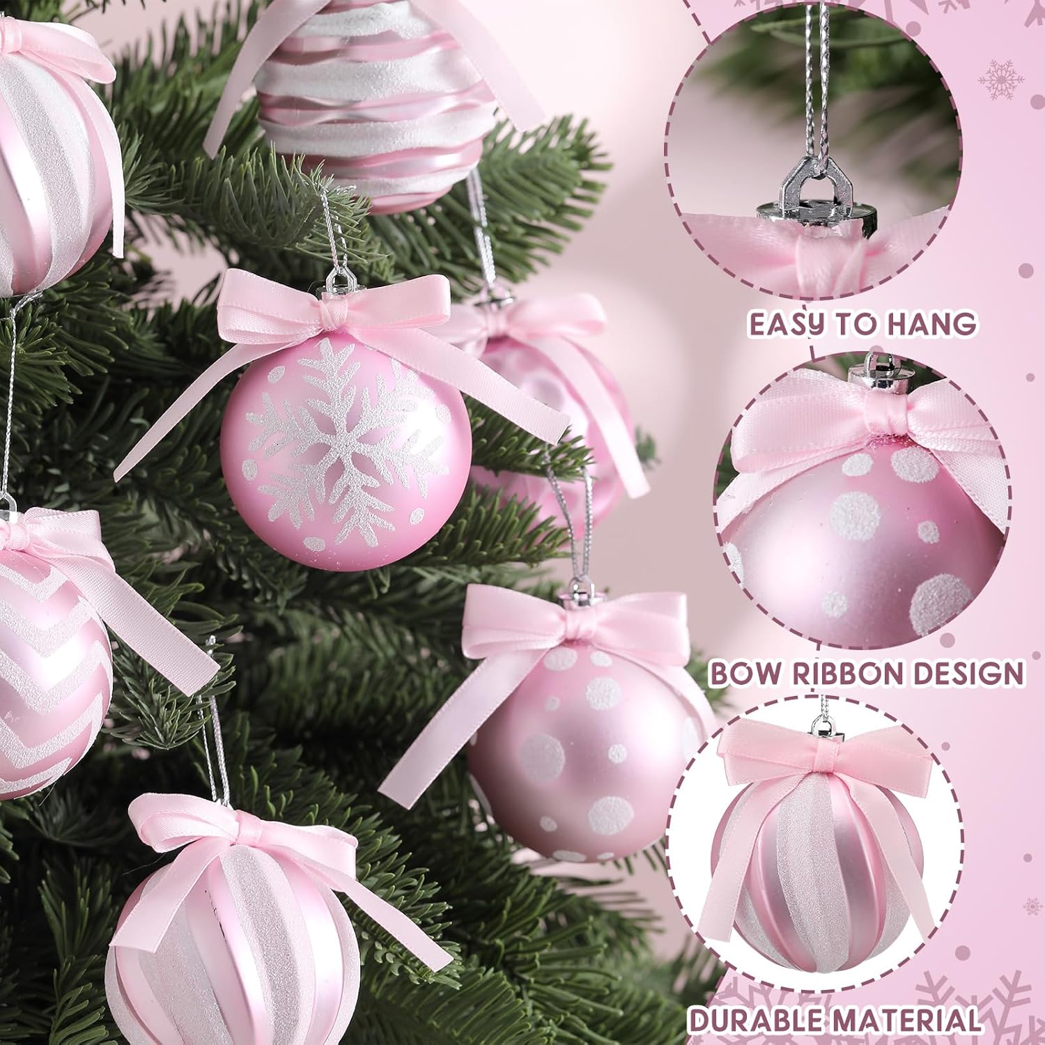 Soulchen 36 Pcs Pink Christmas Tree Ball Ornaments Bow Christmas Decor 2.36 Glittering Plastic Shatterproof Hanging Pink Decorations for Xmas Tree Home Wedding Holiday Party Decor - Image 6