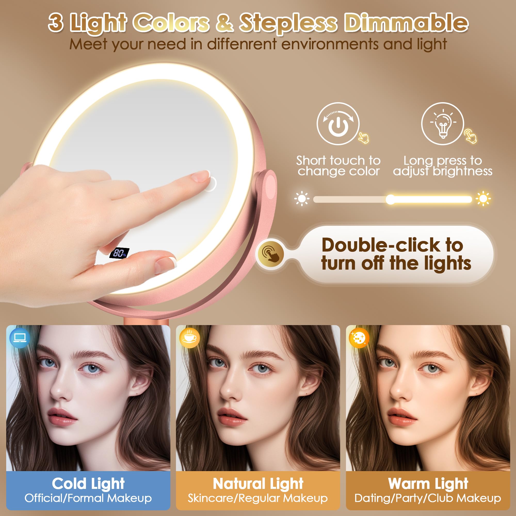 MIYADIVA Espejo de maquillaje con luces, espejo de aumento 30X/1X con pantalla digital, espejos de mesa de altura ajustable, desmontable para viajes, espejos de tocador con soportes para teléfono, oro