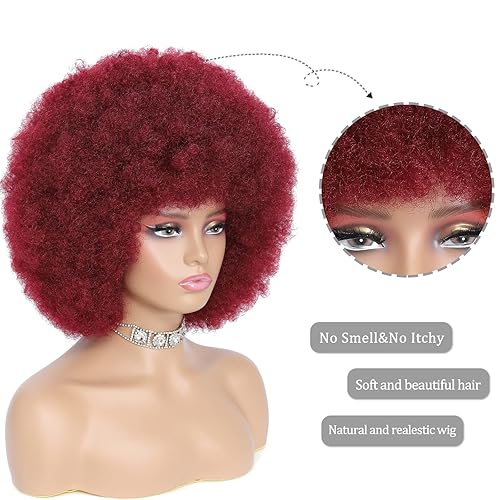 Miniatura 9 de Peluca afro  Peluca afro suave de los años 70 para mujer, color marrón oscuro, afro, rizado, con flequillo, aspecto natural, marrón oscuro, corto,