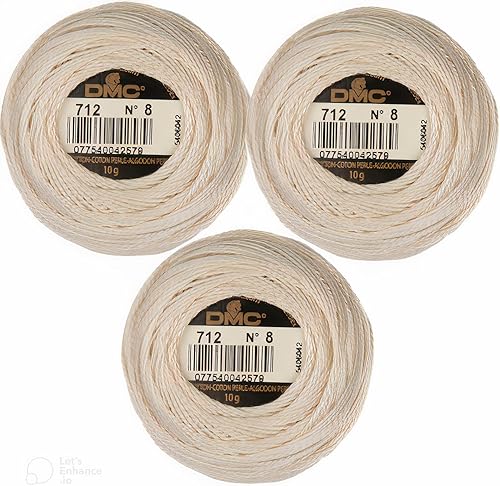 DMC Pearl - Bolas de hilo color crema, 3 paquetes, tamaño 8, DMC 116 8-712, 95 yardas, %100 algodón, paquetes INCELER