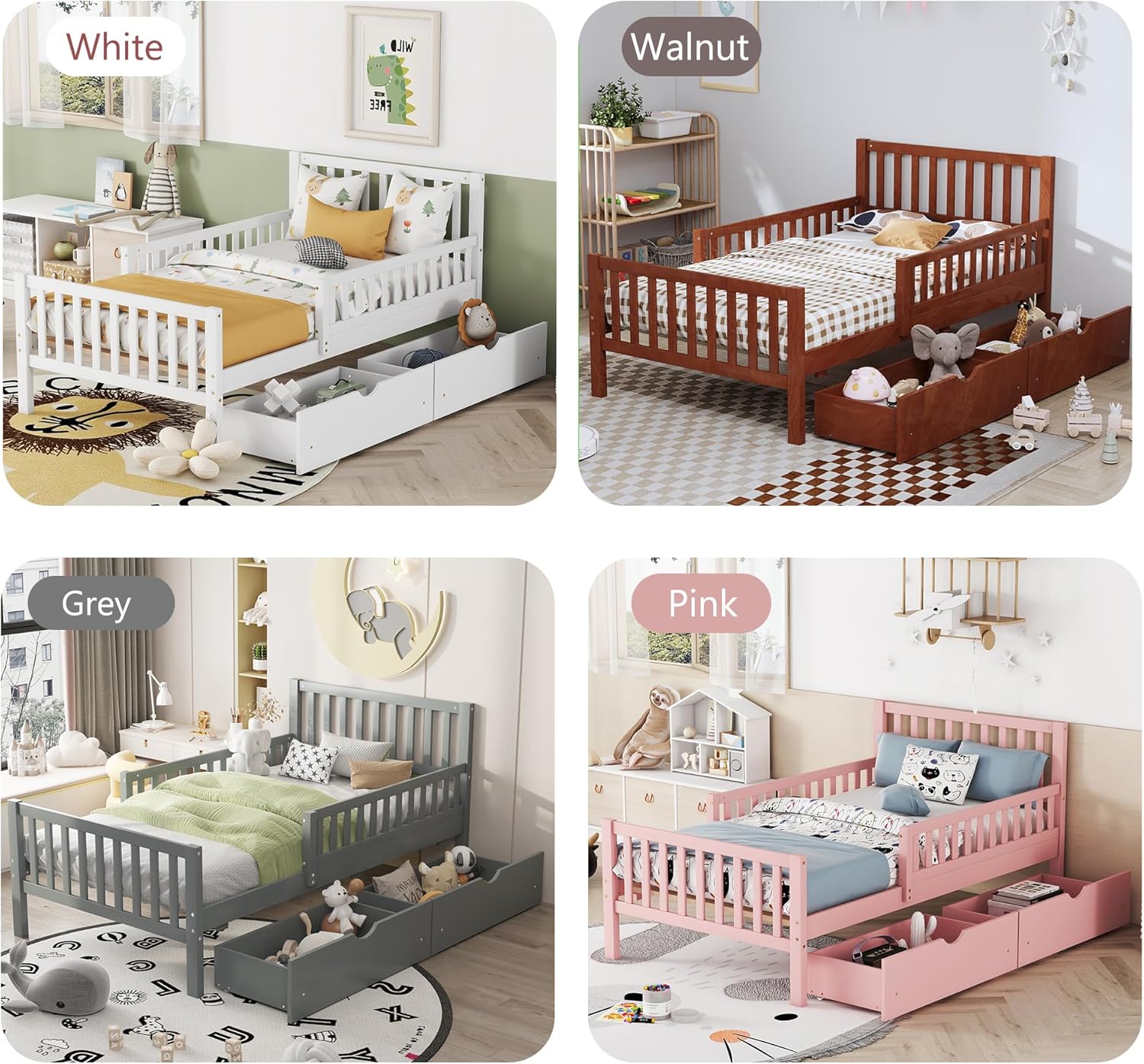 Polibi Twin Size Wood Platform Bed with Guardrails on Both Sides and Two Storage Drawers,Space Saving Twin Bed Frame,White