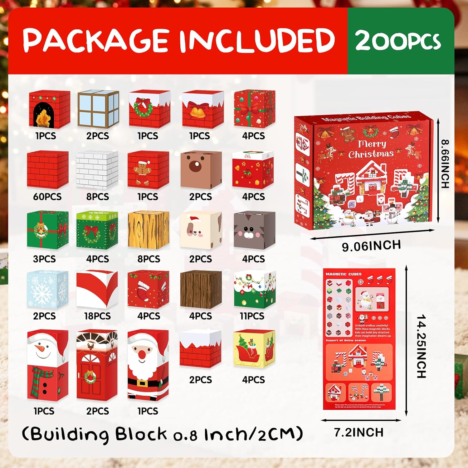 200PCS Large Christmas Magnetic Building Blocks, Xmas Magnets Cubes Set Gift for Kids Boys Girls Christmas Birthday Gifts, STEM Montessori Sensory Building Toys for Preschool Learning Activities