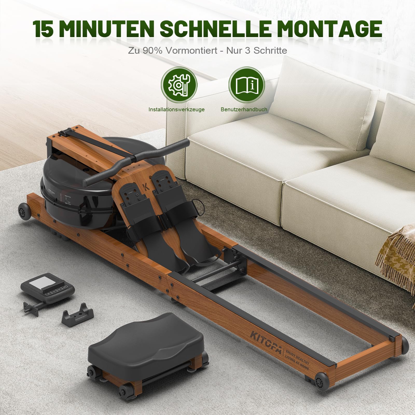 Kitopa Wasser Rudergerät Holz, Rudergerät für Zuhause klappbar mit 30 Tage Kinomap Mitgliedschaft, Max Benutzerhöhe 2m/160kg, Rudergeräte Wasser mit Bluetooth Display & Verstellbarer Handy-Halter