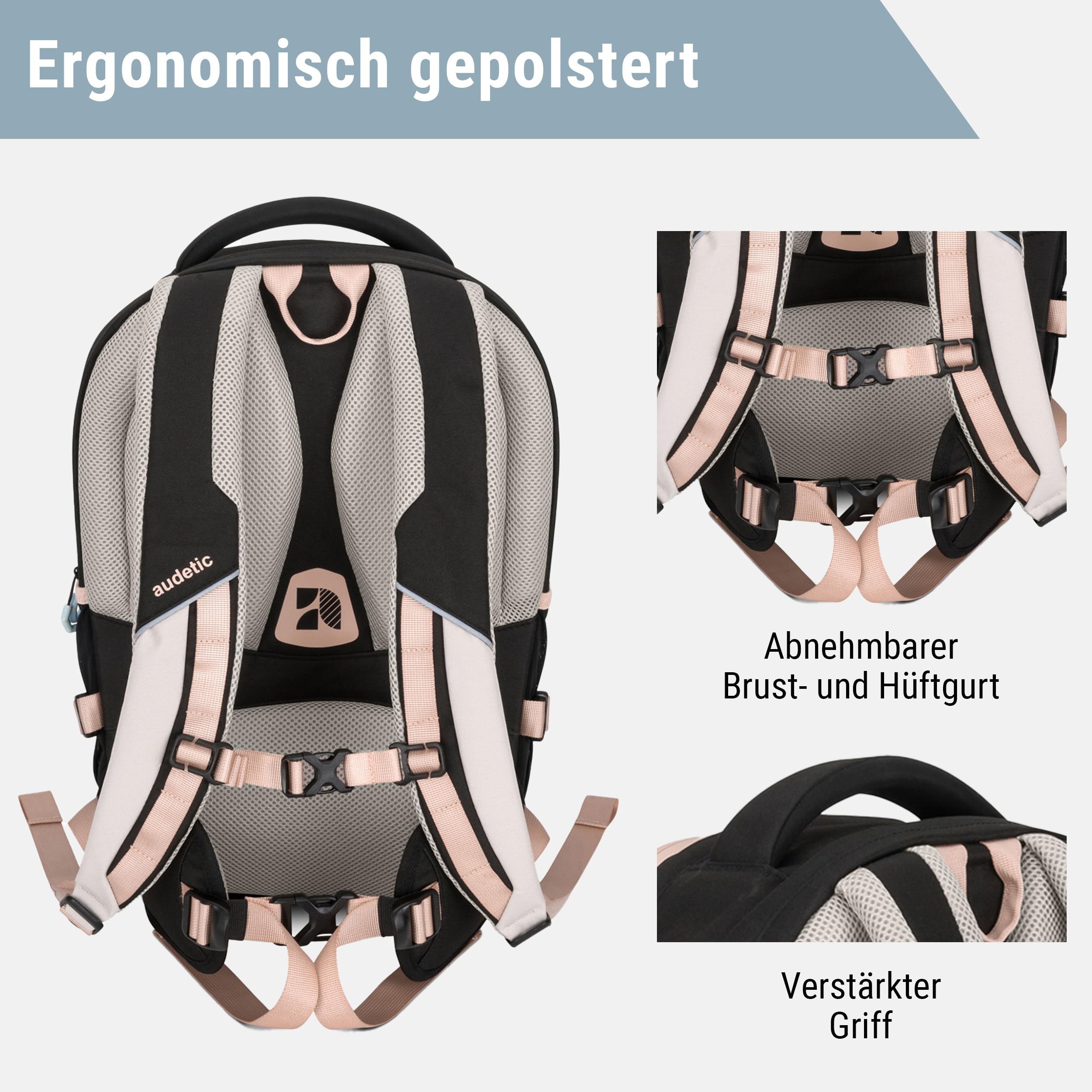 Audetic Schulrucksack Mädchen Teenager Schwarz Rosa - Cosmo - Schulranzen für Klasse 5 - Ergonomische Schultasche mit vielen Fächern für Schule & Freizeit - Wasserabweisend