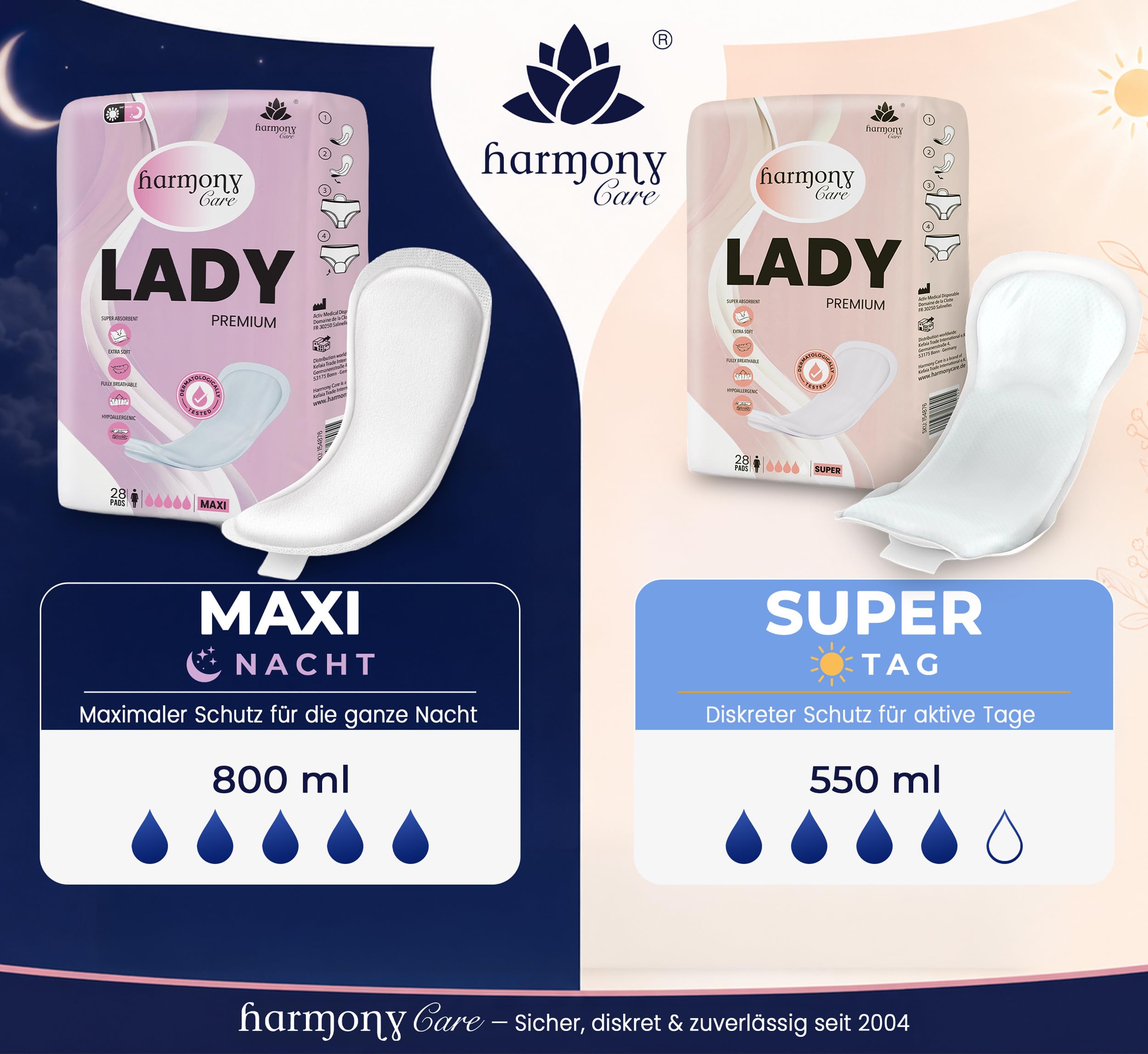 Harmony Care® Lady MAXI Inkontinenzeinlagen für Damen extra stark – saugstarke Inkontinenz Einlagen bei mittlere bis starker Blasenschwäche - auslaufsichere Hygieneeinlagen für die Nacht, 28 Stück