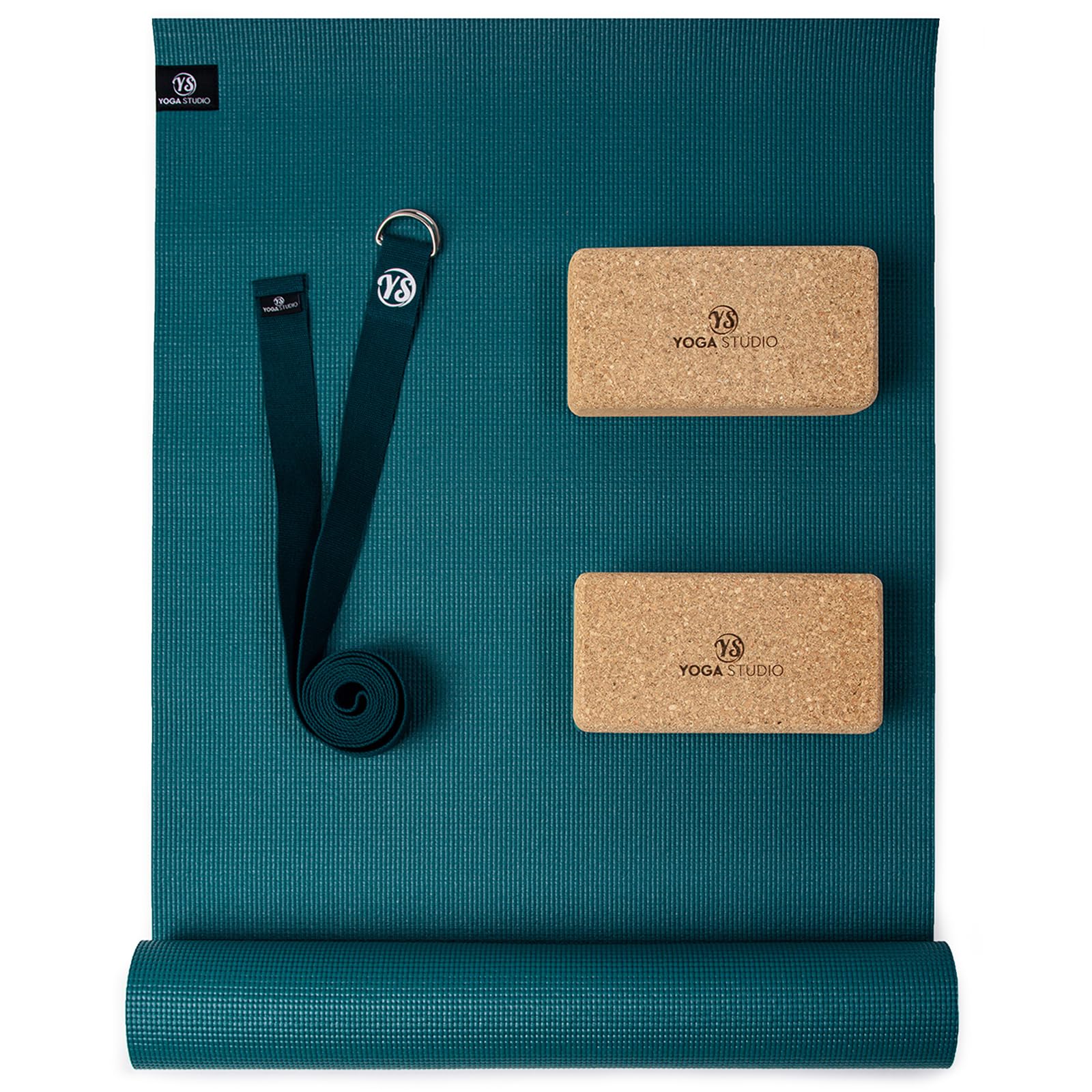 Yoga Studio Oeko-Tex Starter - Set da yoga in sughero, tappetino da yoga, 2 blocchi di sughero e cinghia per yoga, per casa, palestra, allenamento yoga