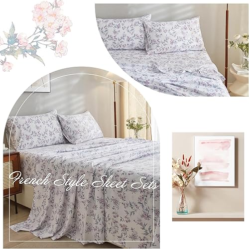 Miniatura 6 de VClife Sábanas de microfibra suave con estampado floral, tamaño individual, color blanco, para niña, mujer, juego de sábanas de ramas florales