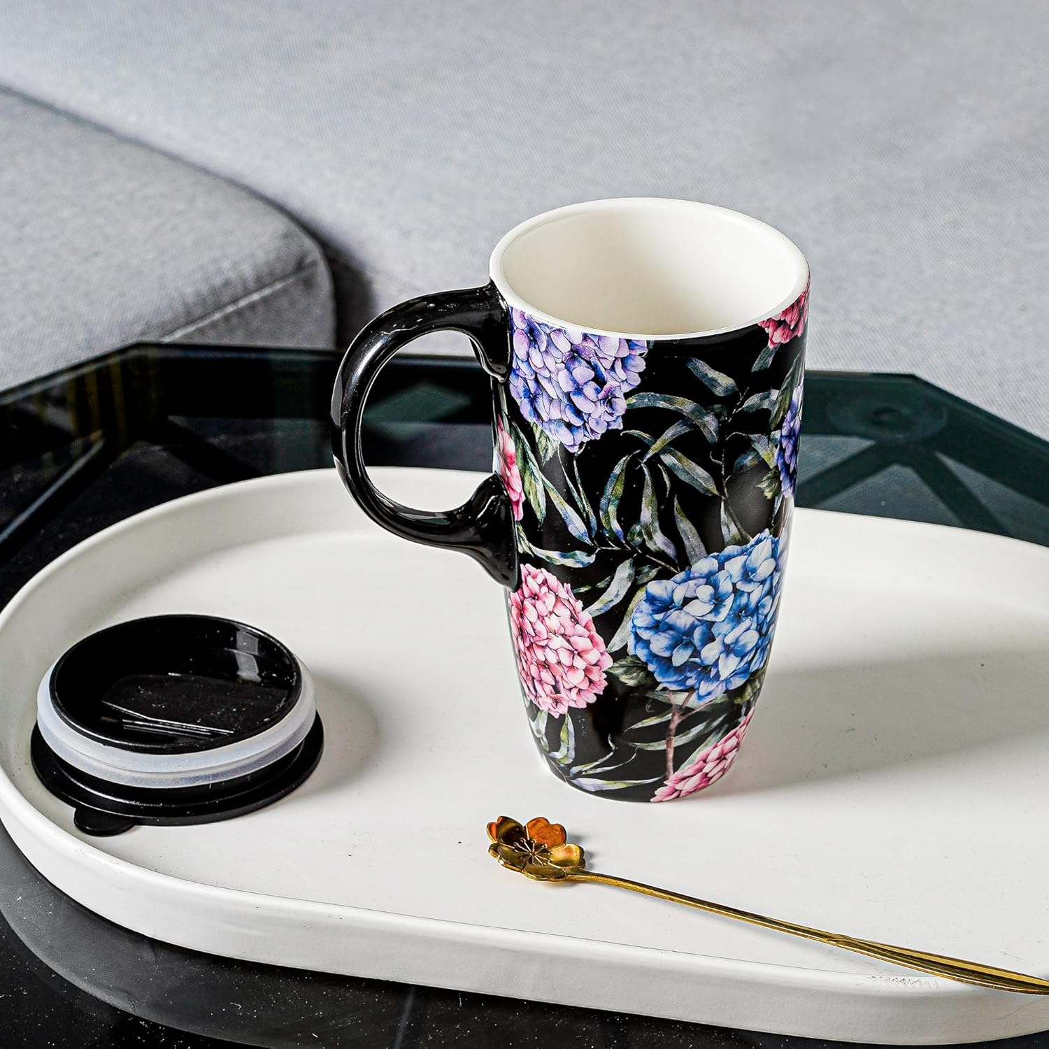 Topadorn Ceramic Coffee Mug Porcelain Latte Tea Cup With Lid Handle and Gift Box 17oz.,Flowers - Image 8