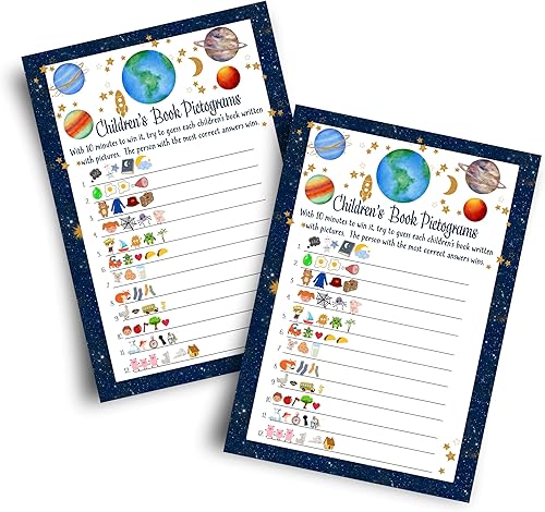 Cosmic Baby Shower Juego Emoticon Pictographs Adivinando, paquete de 25 – Actividad única de Baby Shower Guess The Storybook para invitados, ideas