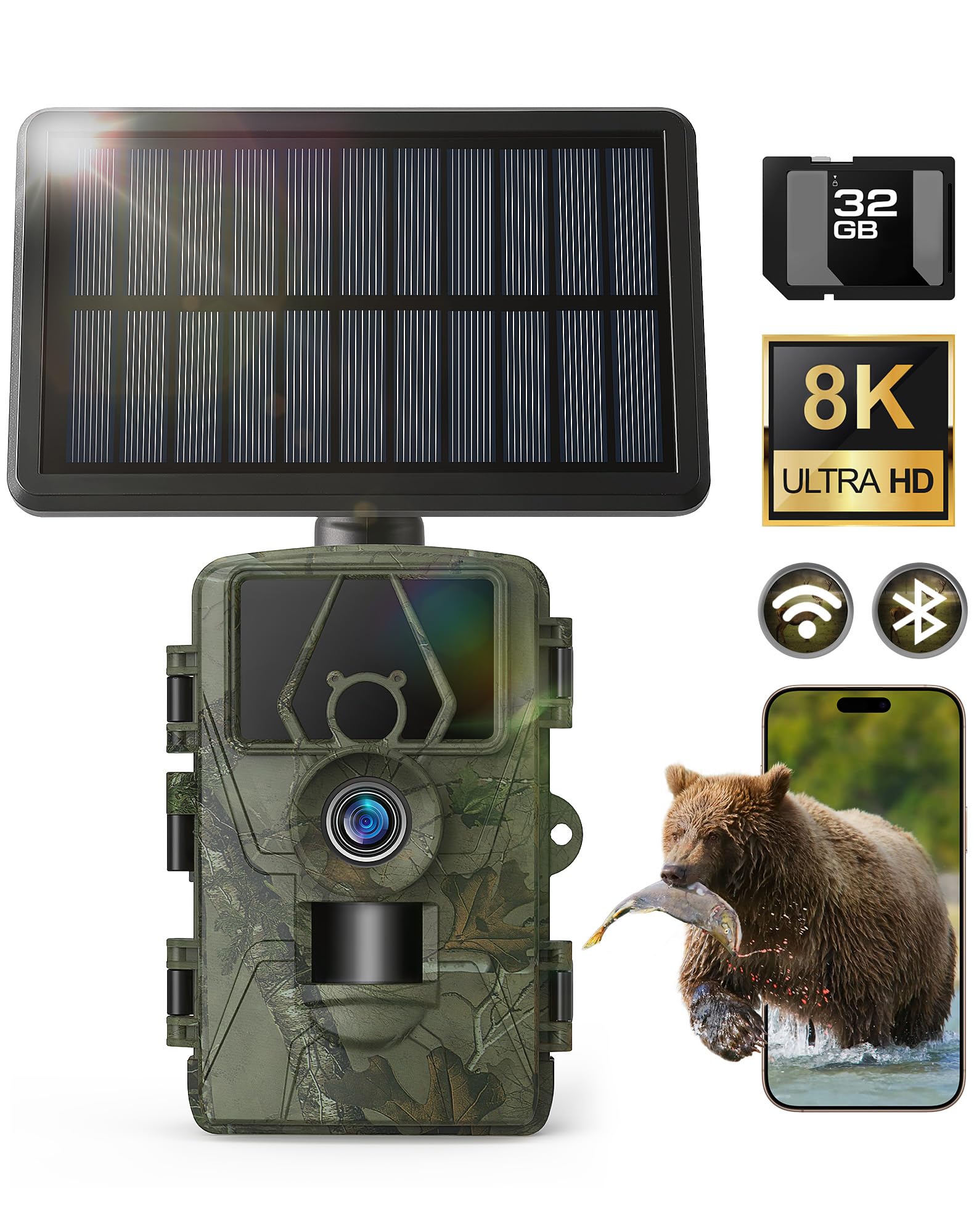 Solar Trail Camera 8K 30FPS, 60MP Bluetooth WiFi Game Camera, APP Control Trail Cam, 120° Detection Angle/Night Vision/0.1S Trigger Motion Activated/IP66 Waterproof, Deer for Wildlife Farm