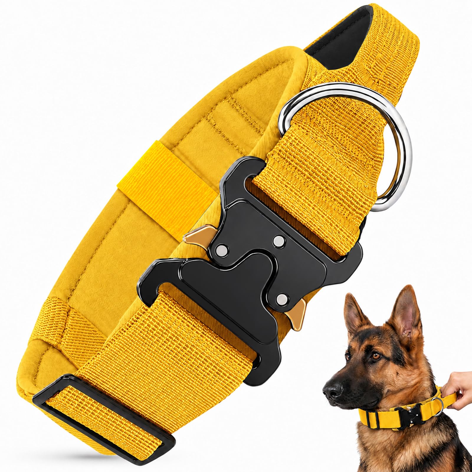 Tactical Dog Collar for Medium Large Dogs, Wide Heavy Duty Dog Collars with Handle and Metal Buckle, Adjustable Padded Collar for Dogs Outdoor Walking and Training (Yellow, L)