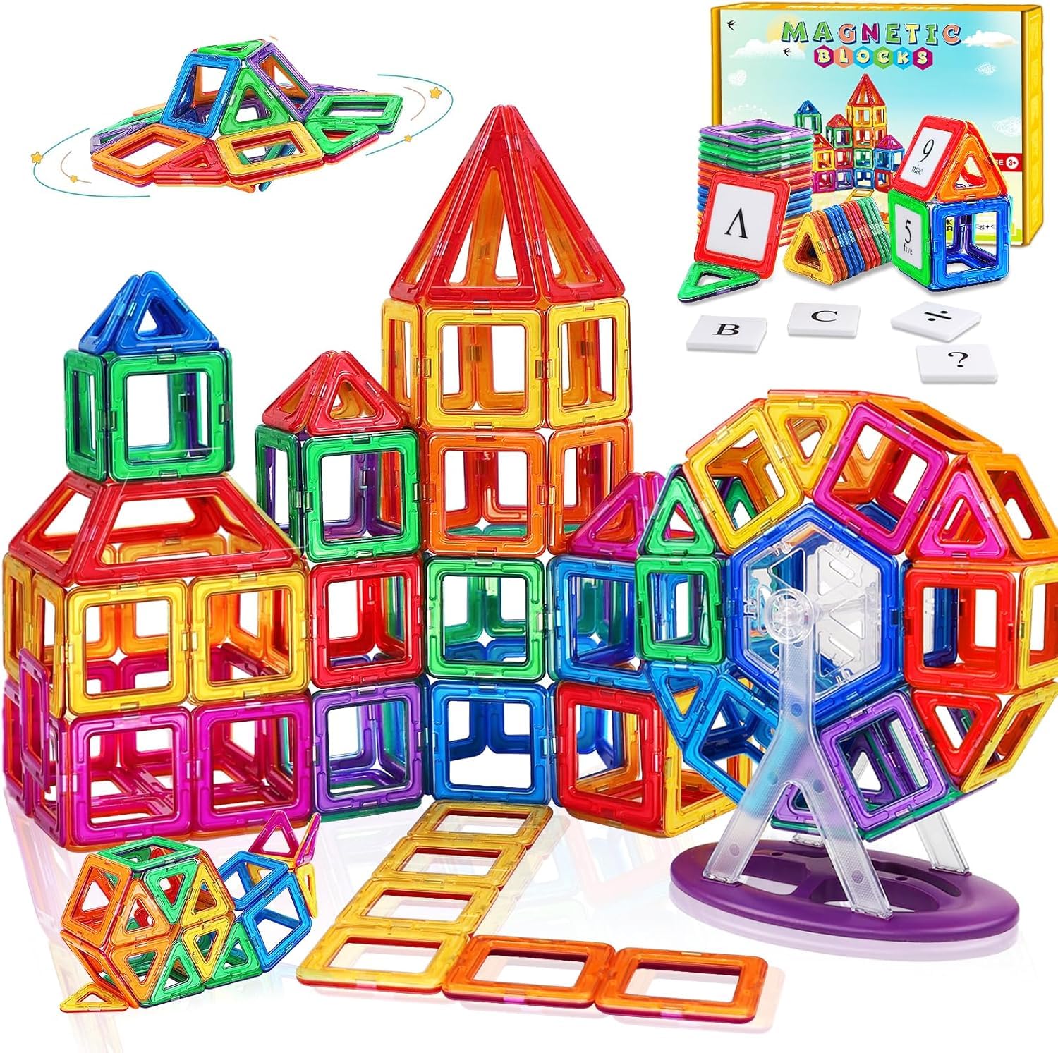 95PCS Magnetic Tiles Building Blocks Learning Toys Gifts for 3 4 5 6 Year Old Kids Boys Girls Toddler Construction with Ferris Wheel/Number Resources Games Toddlers Age 7 8 9 Christmas Birthday Gifts