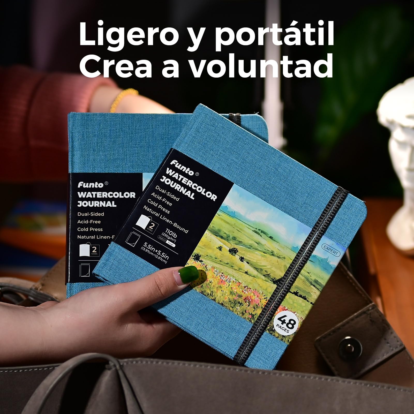 Funto Cuaderno de Acuarela, Cuadrado, Papel de Prensado en Frío a Doble Cara, 5,5" x 5,5", Portátil 2-Pack, 48 Páginas Cada Uno, Cubierta Azul con Banda Elástica, 110 lb/230gsm — view 5