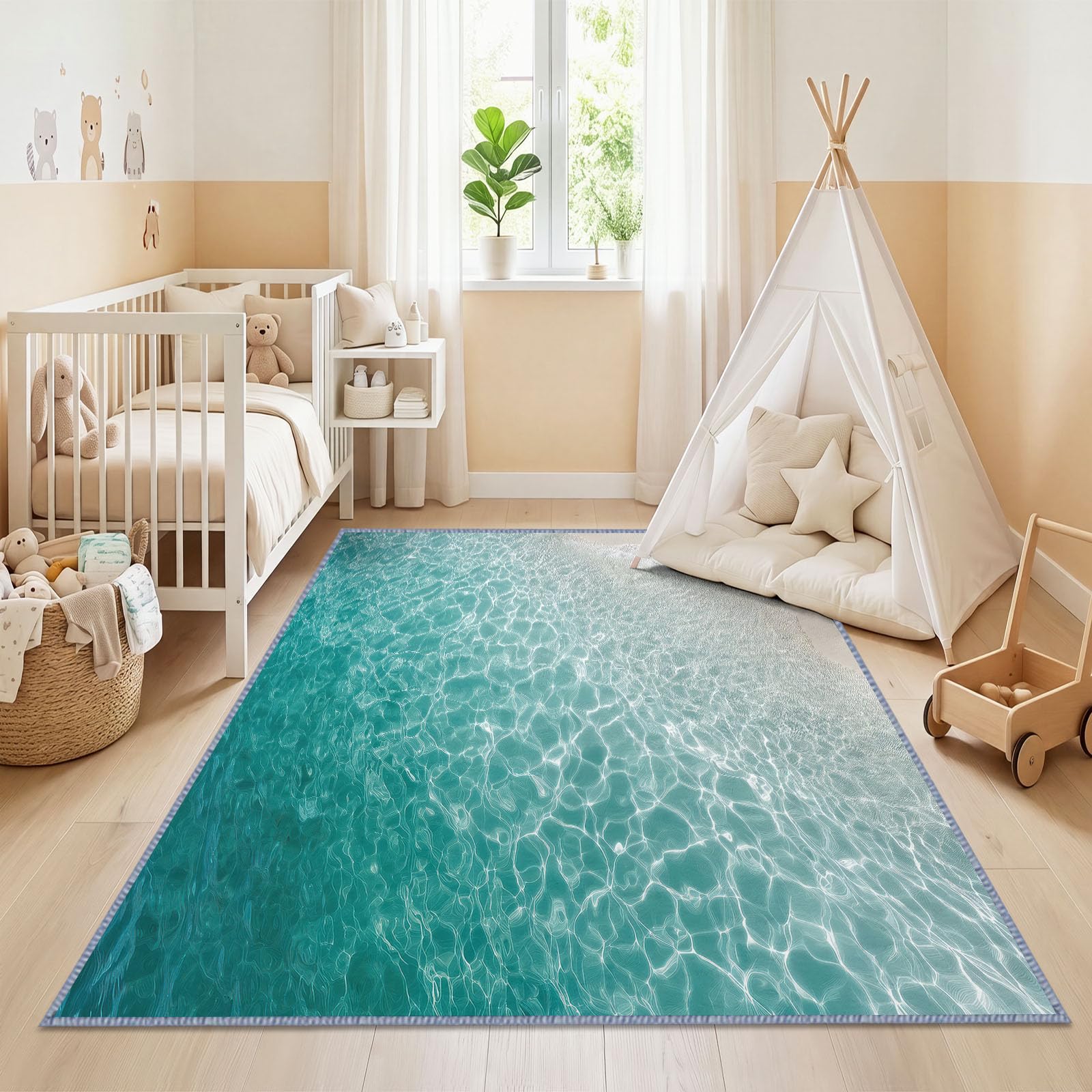 Générique Tapis de Salon 140 x 200 cm Paysage Naturel Lavable en Machine, Tapis Océan Vagues Ensoleillées Antidérapant Doux pour Salle à Manger Cuisine Bureau Couloir Décoration Intérieure