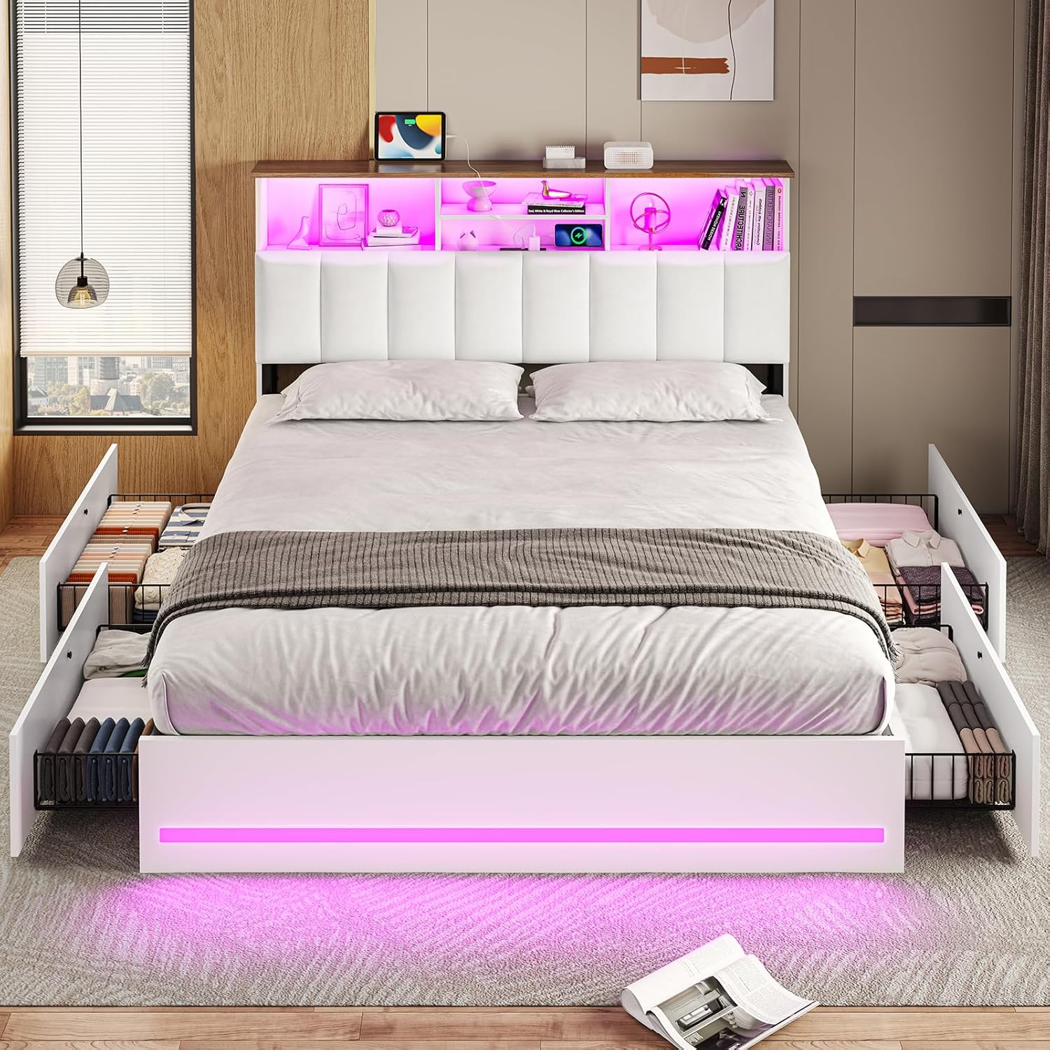 VIAGDO Full Size Bed Frame with Bookcase Headboard, Wooden Bed Frame Full Size with Charging Station, 4 Storage Drawers and LED Lights, with Type-C and USB, No Box Spring Needed, White