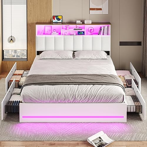 Miniatura 7 de VIAGDO Base de cama Queen con cabecera de estantería, marco de cama de madera tamaño Queen con estación de carga, 4 cajones de almacenamiento y