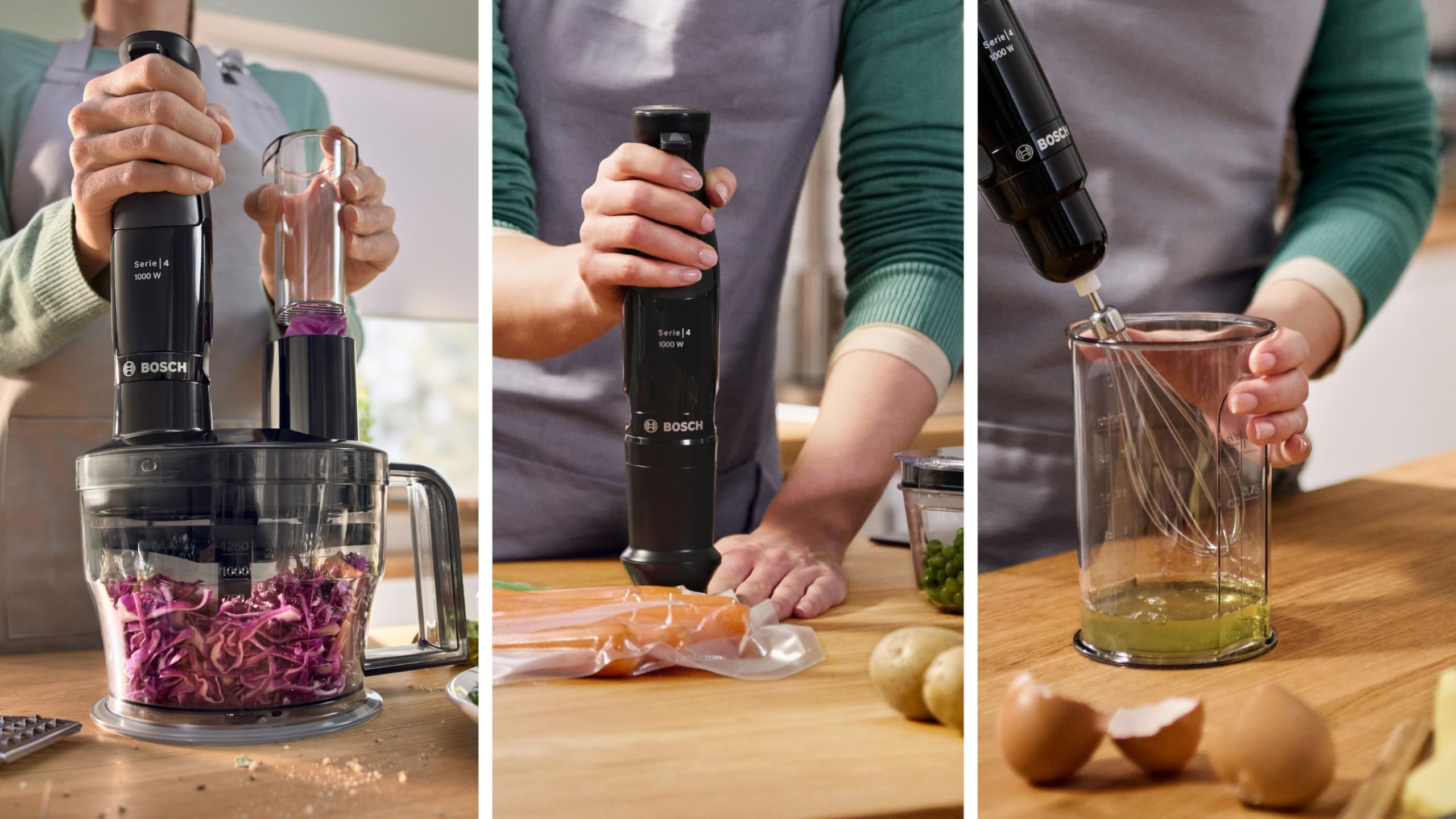Bosch Stabmixer ErgoMaster Serie 4, mit Zerkleinerer, Mix-/Messbecher, Edelstahl-Klingen, langlebig, verschleißfreie Keramik-Kupplung, 1000 Watt, schwarz, MSM4B620