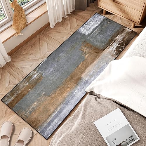 Miniatura 5 de ArtSocket Alfombra de pasillo de pintura gris y marrón, alfombra abstracta gris de 2 x 6 pies, alfombra de entrada antideslizante lavable para