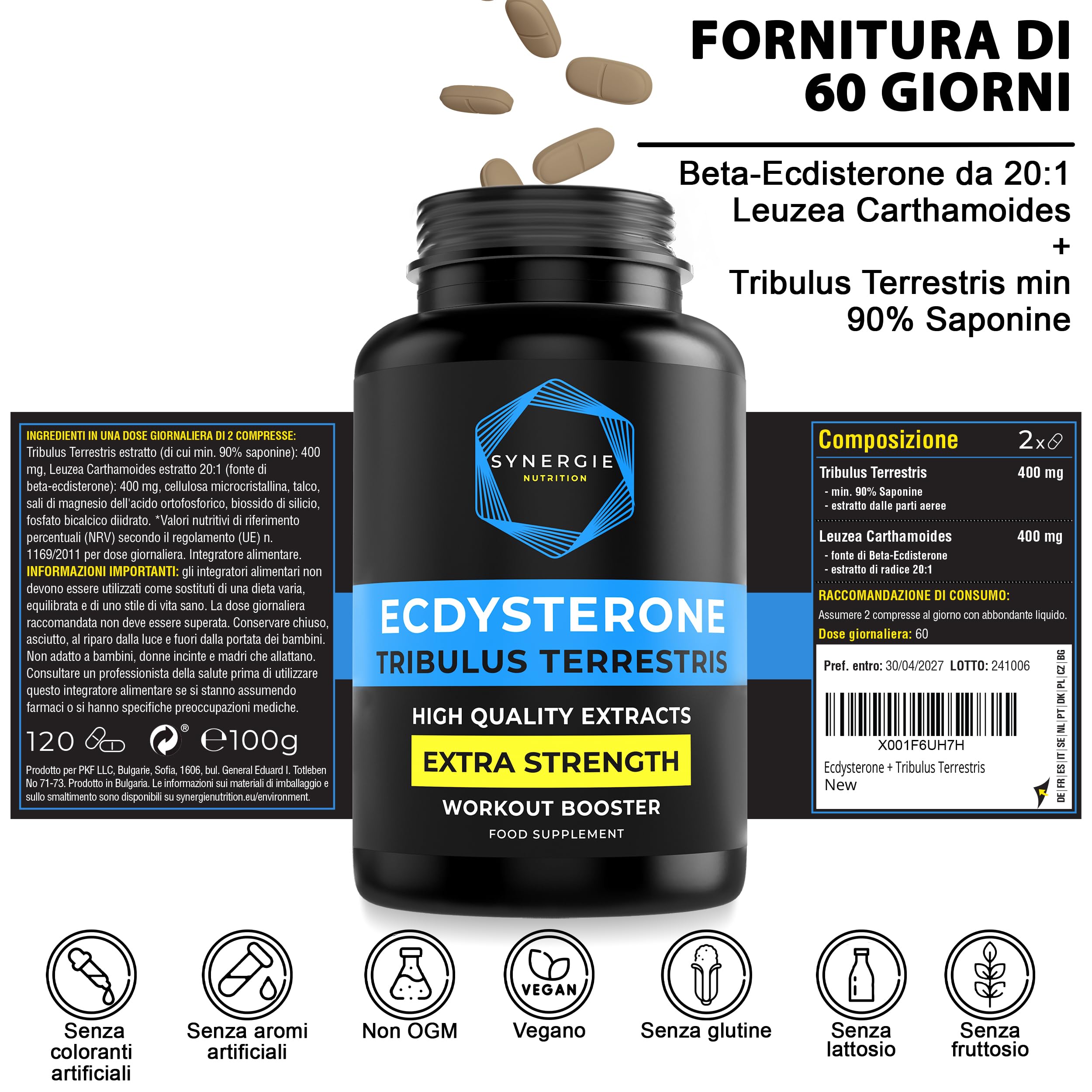 Ecdisterone - Tribulus Terrestris - Integratore alimentare di Synergie Nutrition con estratto di Tribulus 90% saponine (400 mg) e Leuzea Carthamoides 20:1 (400 mg) - 60 dosi