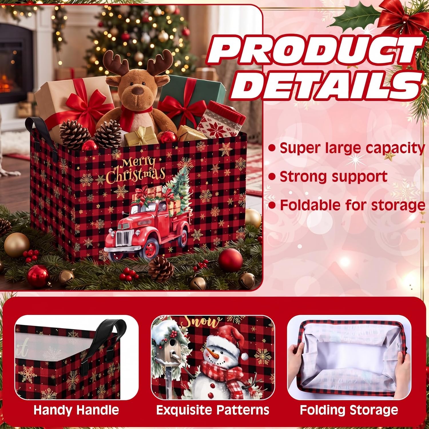 4 Pcs Christmas Storage Basket for Gifts Empty Large Christmas Storage Bins 15 x 10 x 8 Fabric Laundry Baskets with Handle Xmas Collapsible Organizer Boxes for Home Gifts Cloth Toys Books image 2