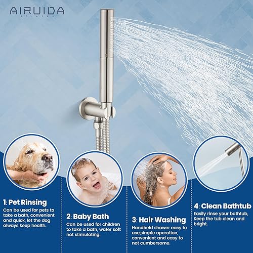 Miniatura 76 de Airuida Juego de sistema de ducha redondo con boquilla de bañera, montaje en pared, juego de grifo de ducha de lluvia de 3 funciones, 2 funciones