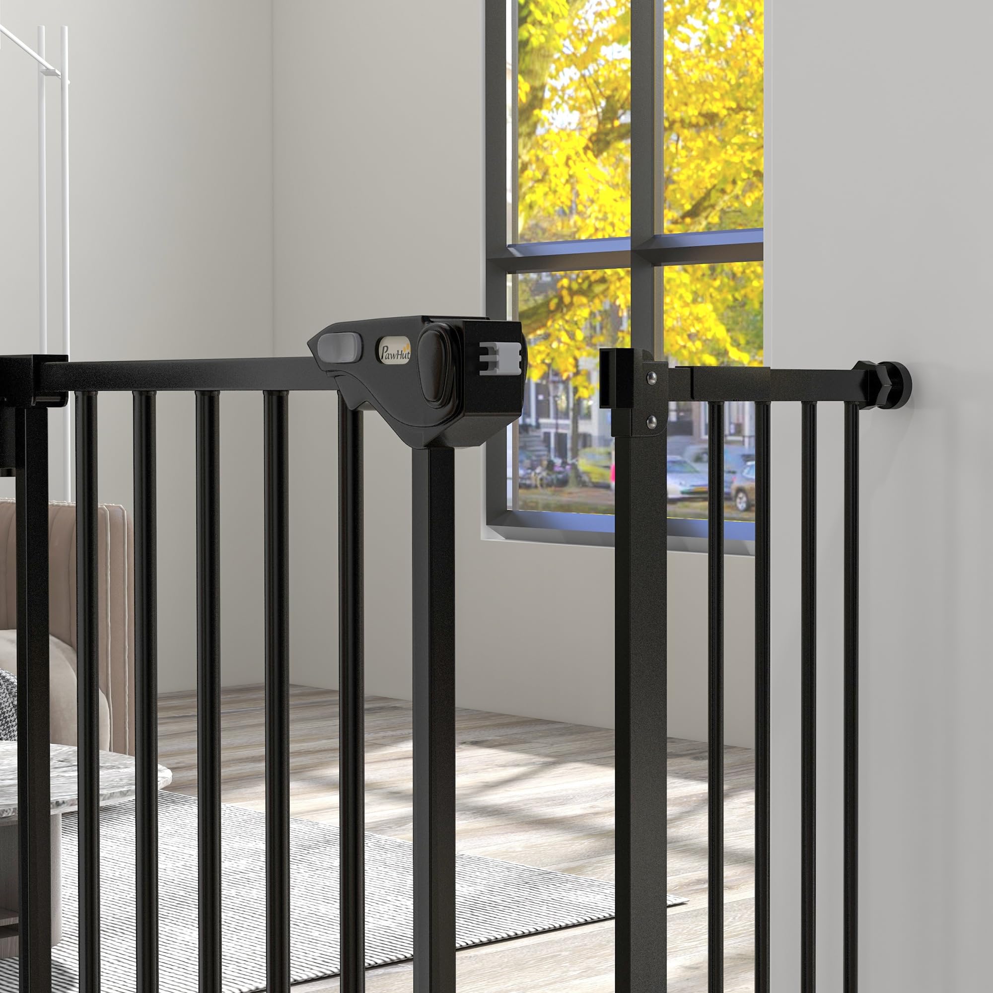 PawHut Barrera de Seguridad para Perros Extensible 74-94 cm Negro | para Puertas y Escaleras, Cierre Automático, Montaje a Presión, Doble Bloqueo, 3 Extensiones 17,5/20,3/30,5 cm