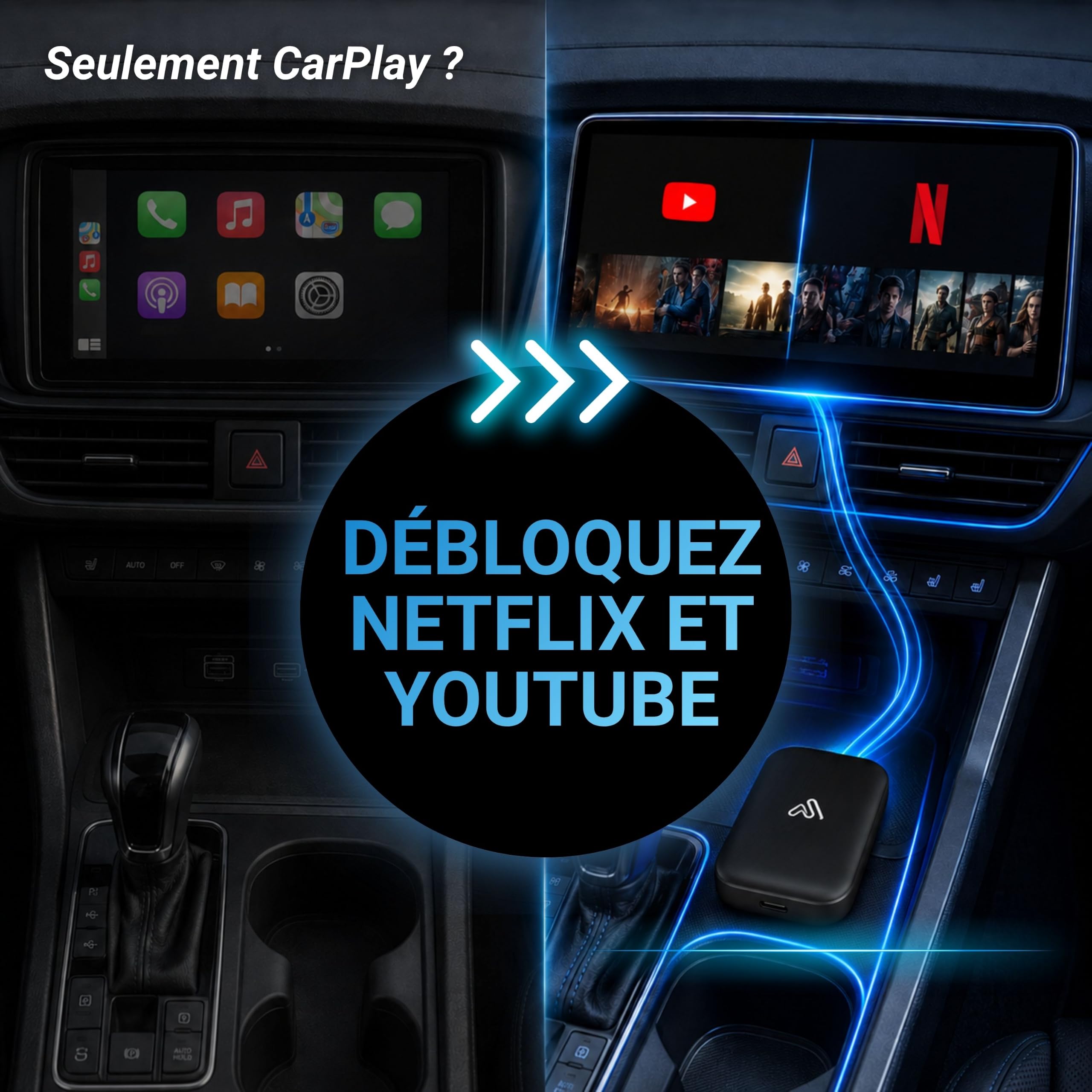 AutoSky AI Box Lite – Adaptateur sans Fil Apple CarPlay & Android Auto pour véhicules compatibles – Streaming Netflix & Youtube – Hotspot requis – Plug & Play