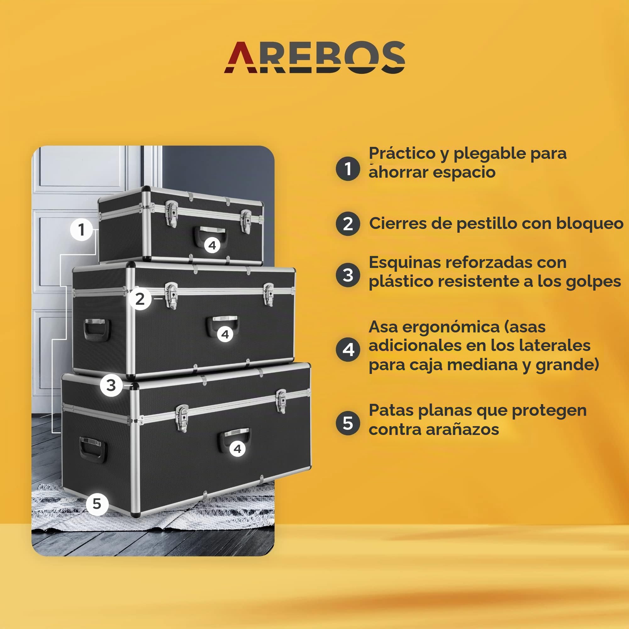 Arebos Set de 3 Maletín de transporte portátil | 200 L de volumen total | Maletín de aluminio | con cerradura | Incl. asa y correa universal | Transporte maletín
