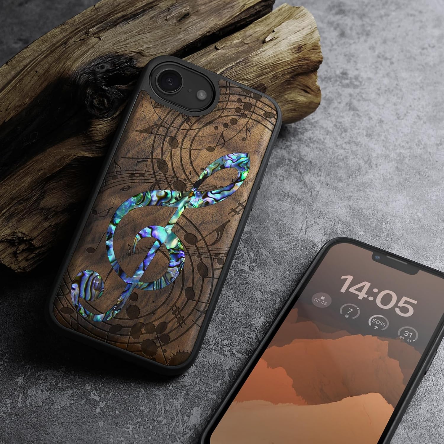 Carveit Magnetic Wooden Case for iPhone 16e / 17e, Wood Artisan Engraved & Handmade Shell Inlaid, TPU Shockproof Cover, Compatible with MagSafe Wireless Chargers, Musical Note - Walnut