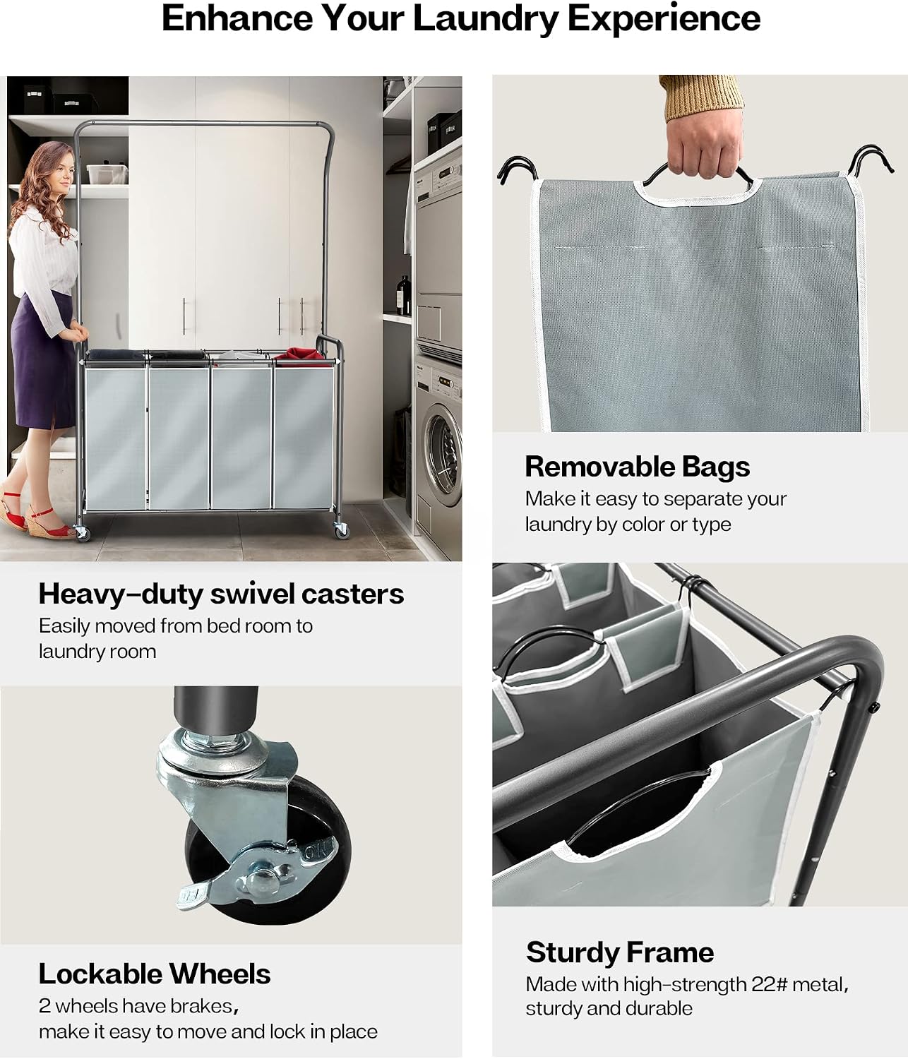 ROMOON Laundry Sorter with Hanging Bar, 4 Section Laundry Hamper with Heavy Duty Wheels, Laundry Basket Organizer with Hanging Clothing Rack, Grey